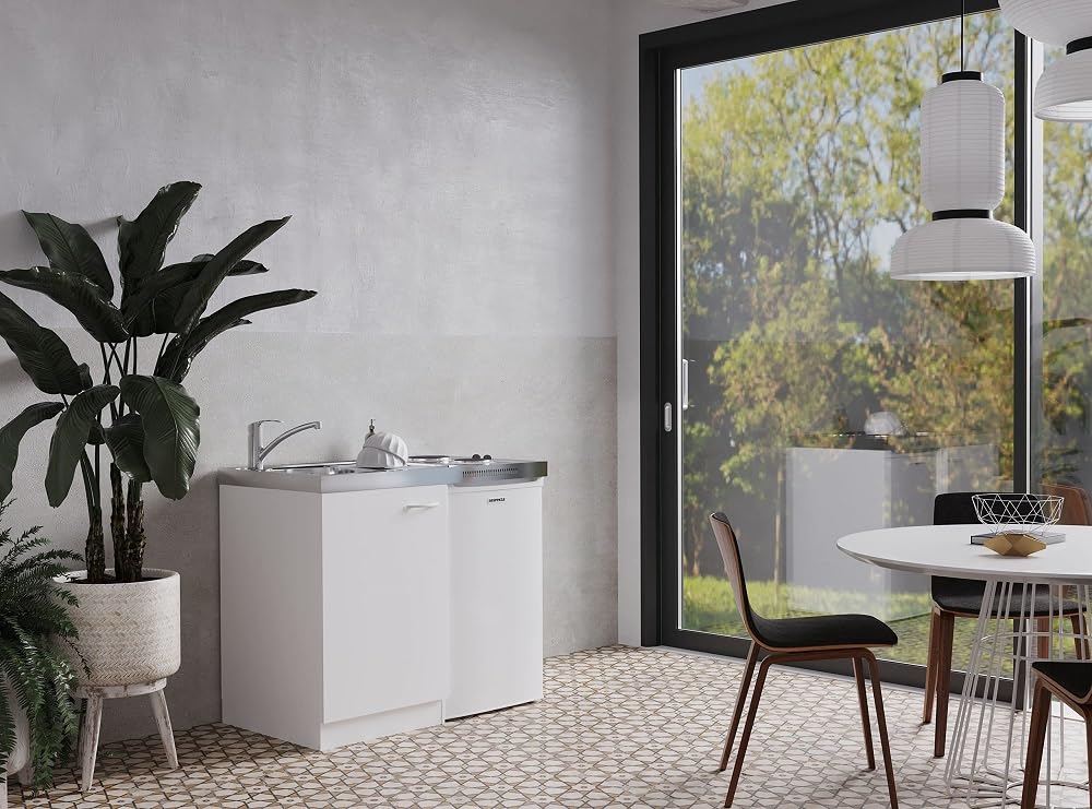 Respekta Levin Miniküche aus Holzwerkstoff / kleine Küchenzeile mit Kühlschrank, Kochfeld und Spüle / 60T x 100B x 87H cm / Weiß Angebot bei HelloDeals