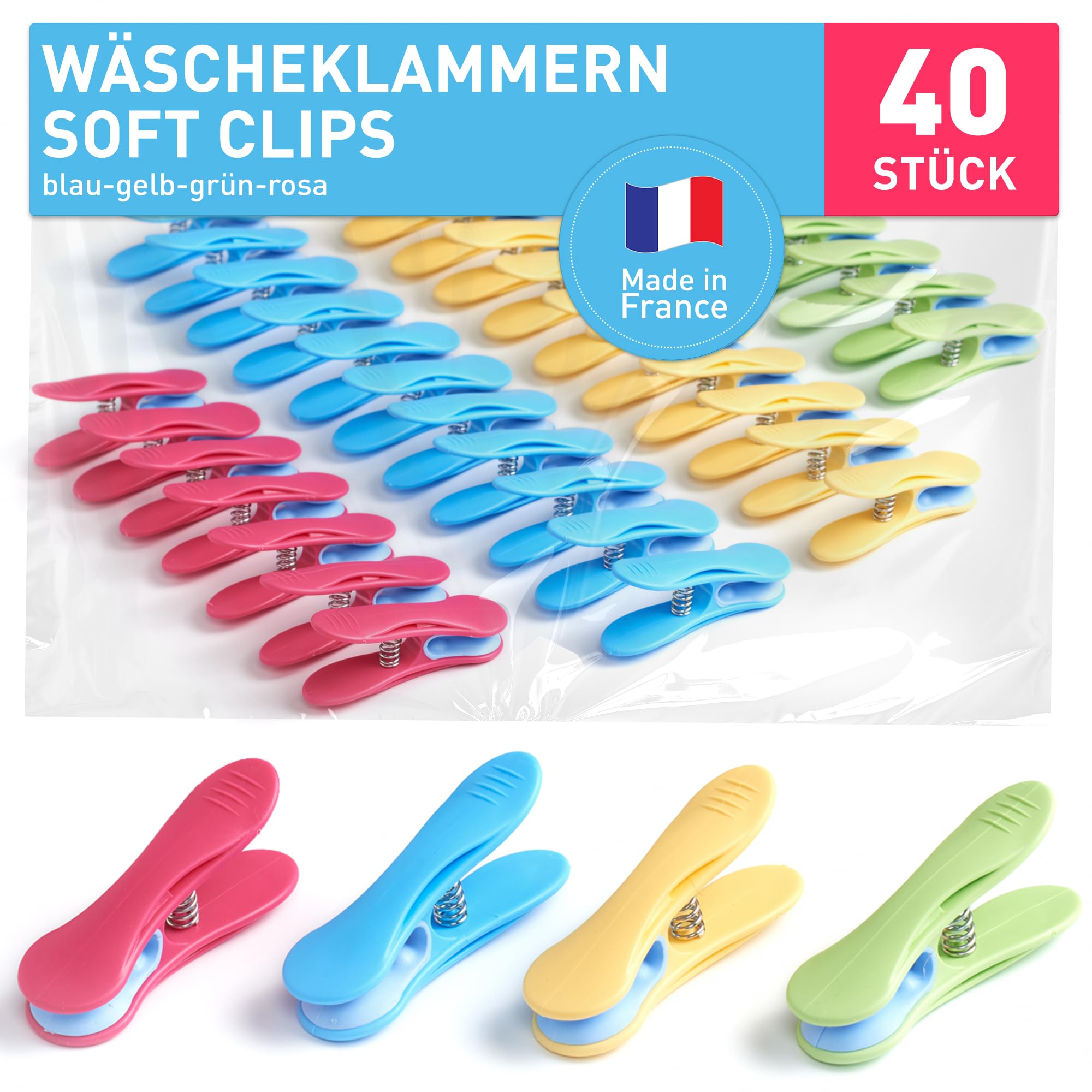 culiclean Wäscheklammern ohne Abdruck stabil bunt 40x Wäscheklammer blau gelb grün rosa pink, robuste Kluppen Soft Grip Clip Clothes Pegs UV beständig Klammern zum Aufhängen von Wäsche, Socken Blau-gelb-grün-rosa Angebot bei HelloDeals