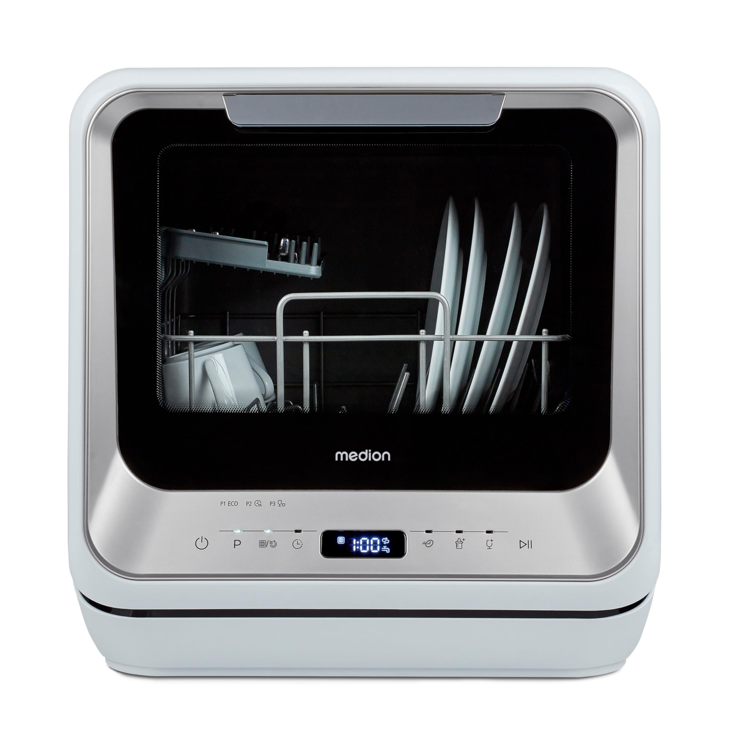 MEDION Mini Geschirrspüler DWT20 (Tischgeschirrspüler, Spülmaschine, 2 Maßgedecke, funktioniert mit/ohne Wasseranschluss, 6 Reinigungsprogramme, Babyflaschen, Startzeitvorwahl, freistehend) silber Angebot bei HelloDeals