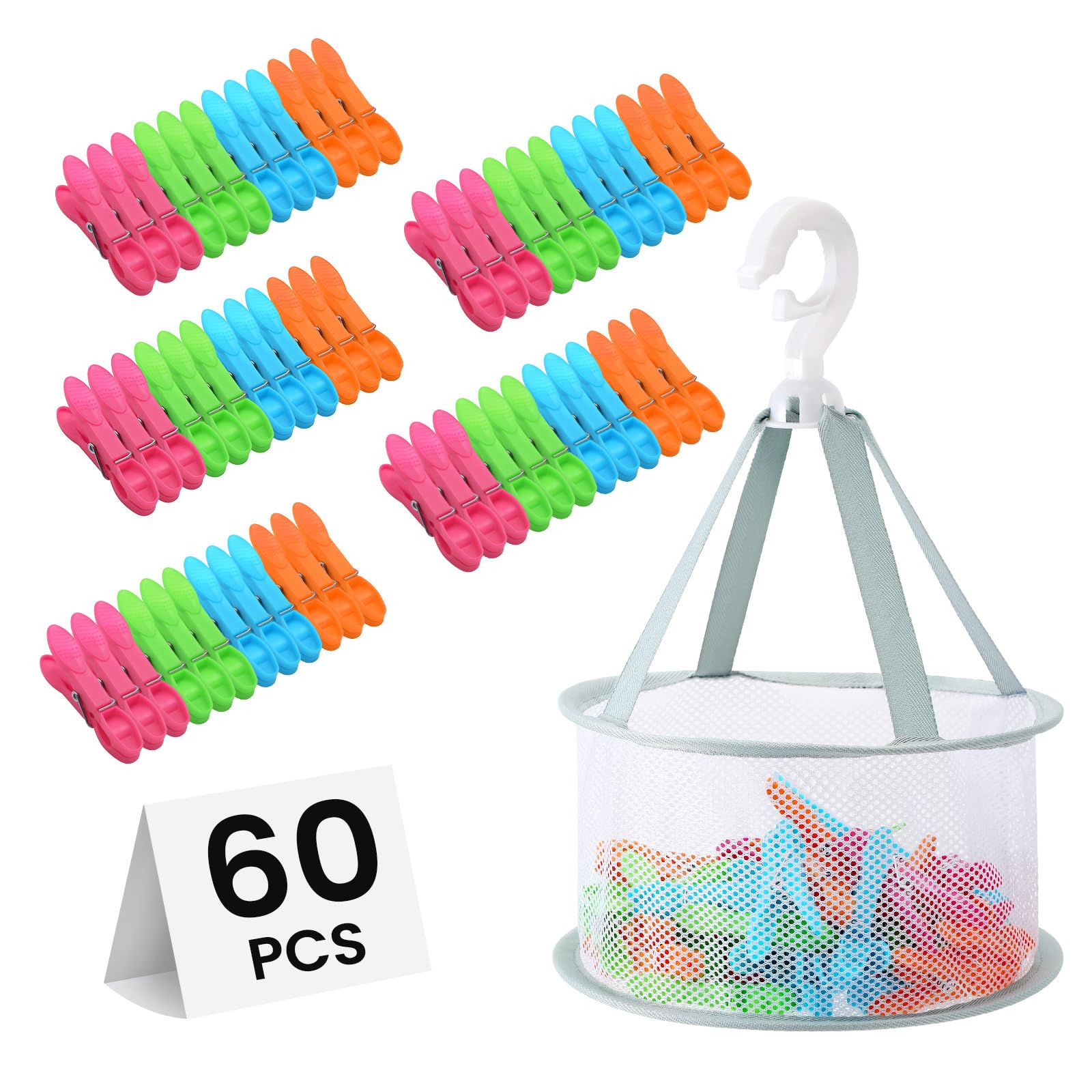 60 Stück Wäscheklammern mit klammerkorb zum aufhängen Korb Box,Windfeste Wäscheklammern Ohne Abdruck,Atmungsaktives Mesh klammerkorb für wäscheklammer sockenklammern für Wäscheleinen,Kleidung,Camping Angebot bei HelloDeals