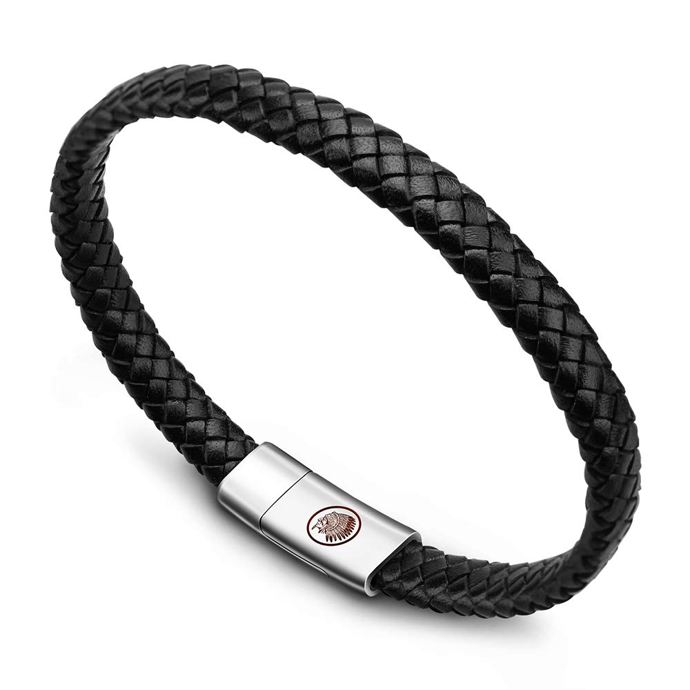 Casisto.J Lederarmband Herren Armband Herren Männer Leder Edelstahl Gravur Schwarz Braun Geflochten mit Magnet Verschluss 22.0CM Schwarz Angebot bei HelloDeals