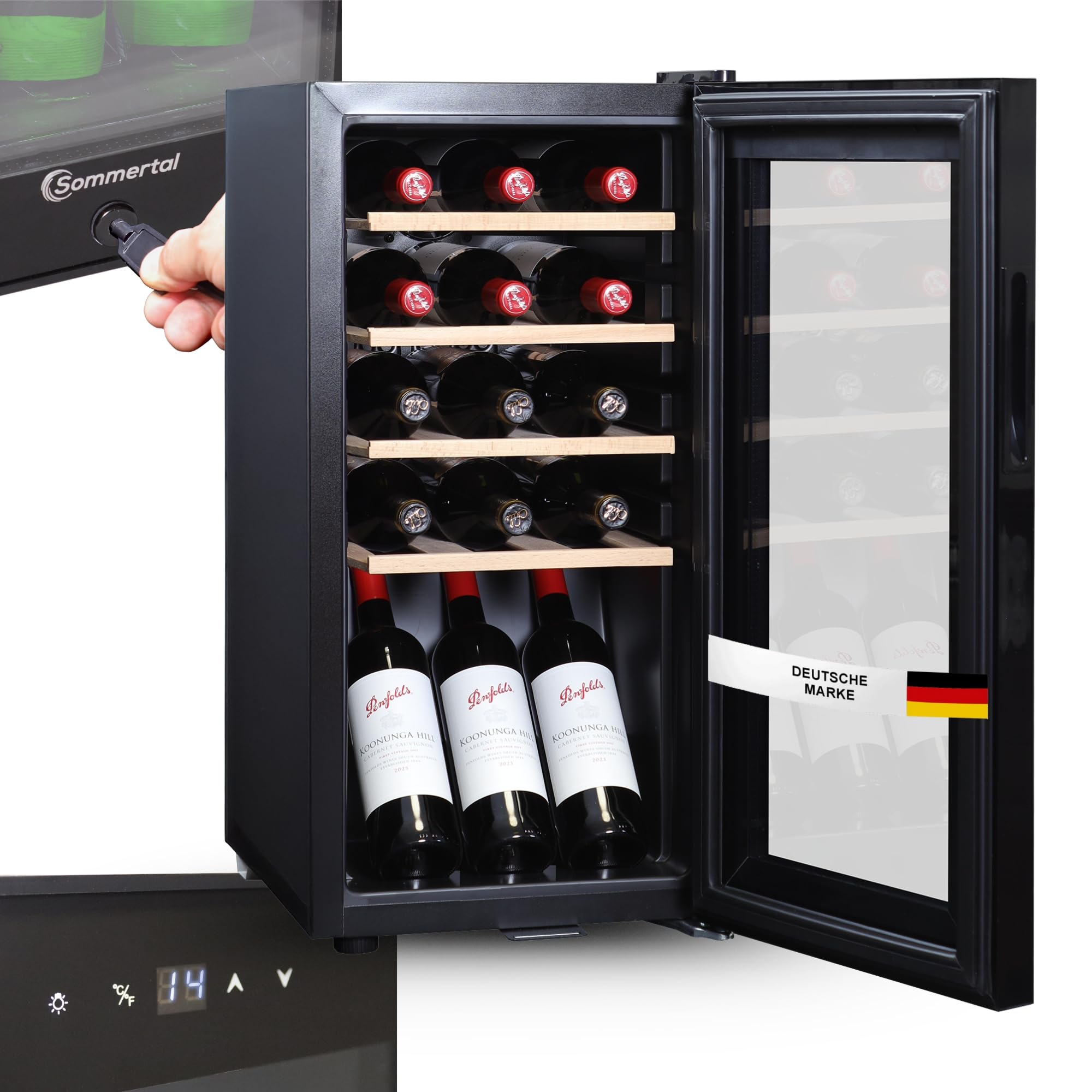 Sommertal Weinkühlschrank mit Glastür WK 50 – 15 Flaschen, 5–20C° einstellbar, abschließbar, LED-Beleuchtung, Glastür, Touchscreen, 4 Holz-Einlegeböden, leise & energiesparend, UV-Schutz Verglasung Angebot bei HelloDeals