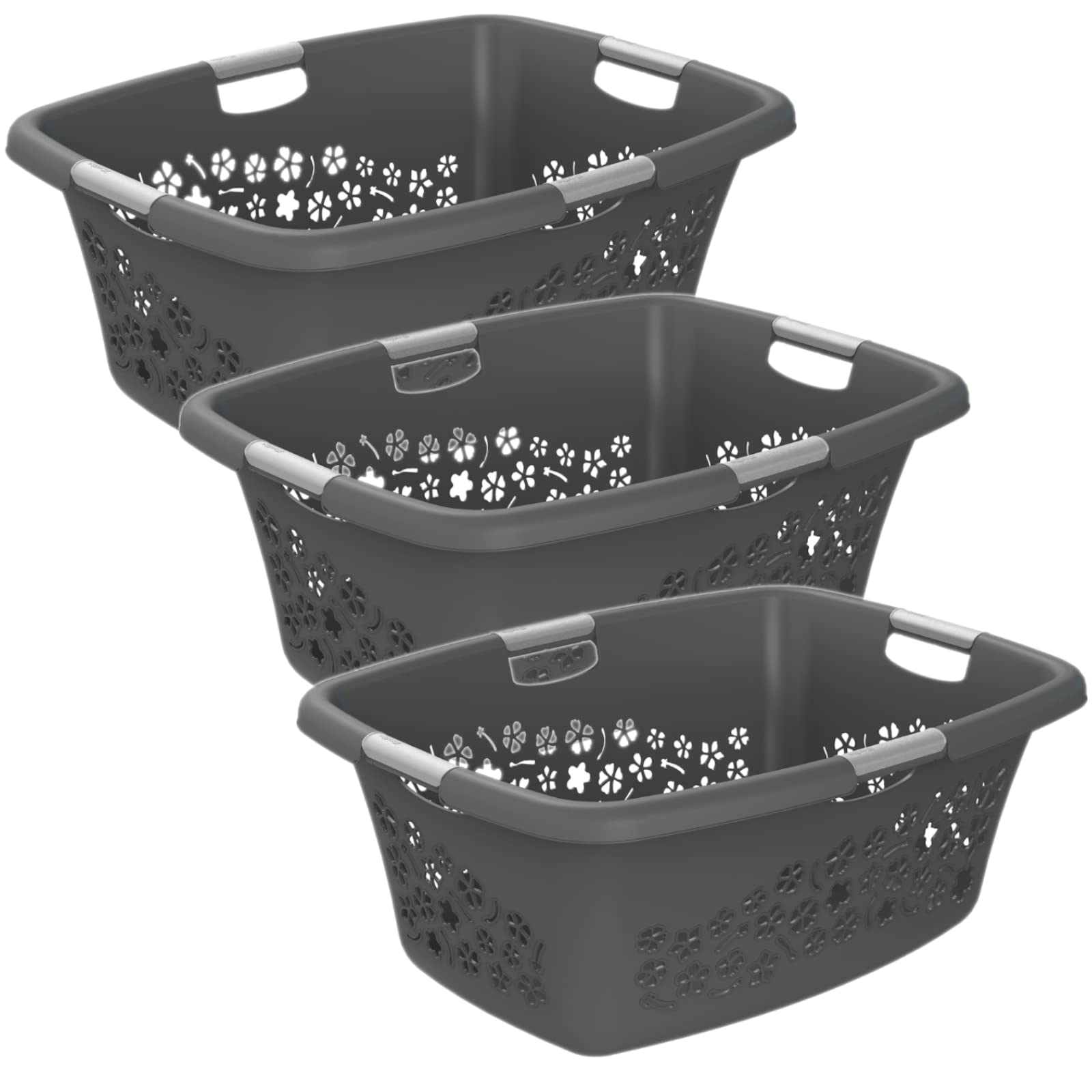 Rotho 3er-Set Wäschekorb Flowers 50l, Kunststoff (PP) BPA-frei, anthrazit, 3x50l, (65,1 x 49 x 26,2 cm) Angebot bei HelloDeals