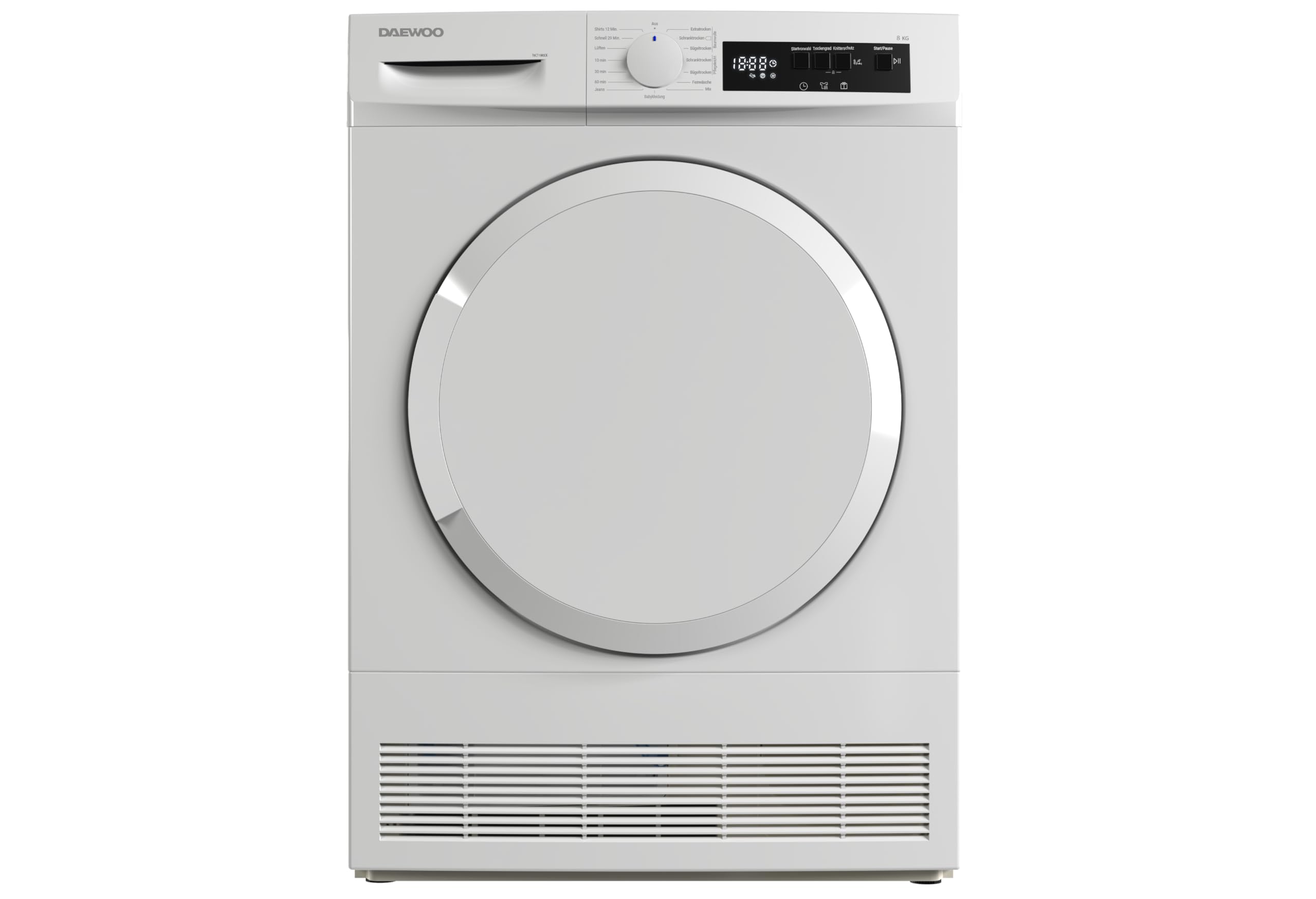 Daewoo T8CT1W0DE Kondenstrockner Frontlader, G, 8 kg, 15 Programme mit 12 Min.-Kurzprogramm, Startzeitvorwahl, LED-Trommelbeleuchtung, Weiß 8 kg Kondenstrockner Angebot bei HelloDeals