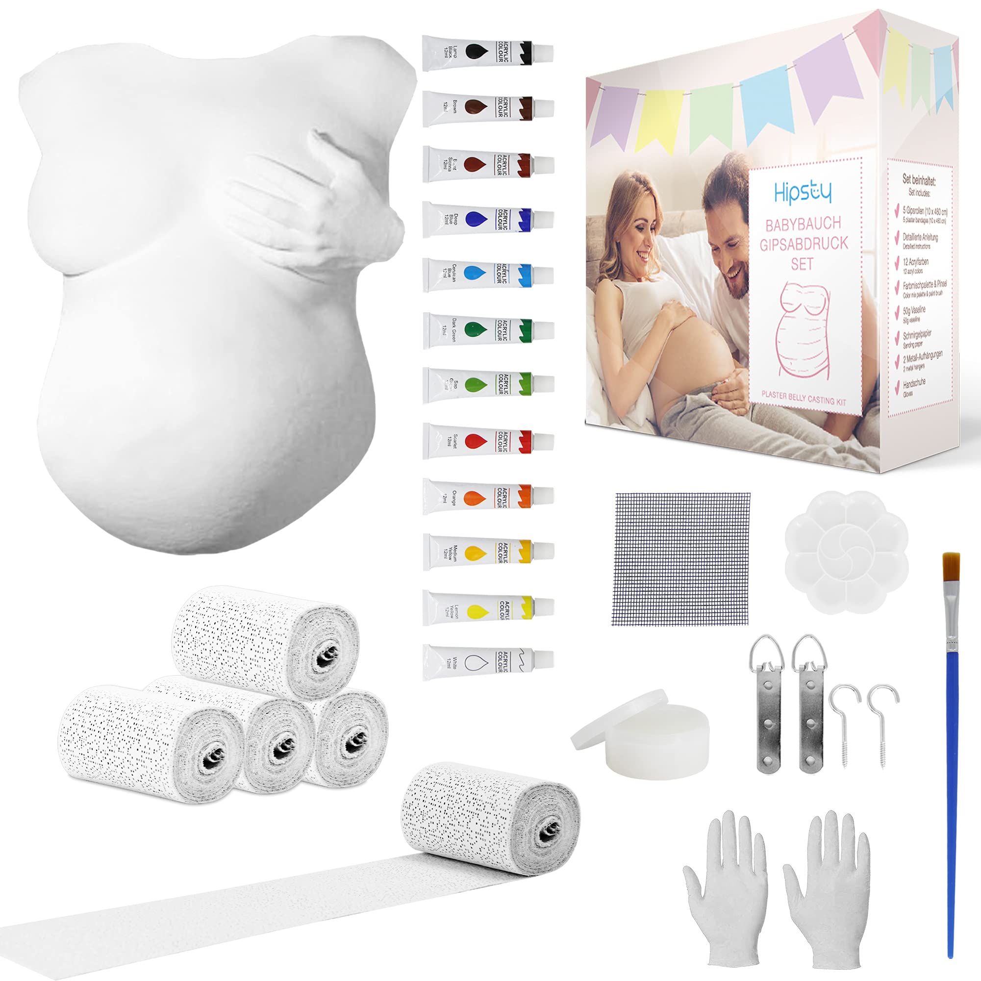 Hipsty Gipsabdruck Babybauch Set mit (23m) Gipsbinden, 12 Acrylfarben & vielem mehr | Der Bauchabdruck erinnert dich noch lange an deine Schwangerschaft | Komplettset Angebot bei HelloDeals