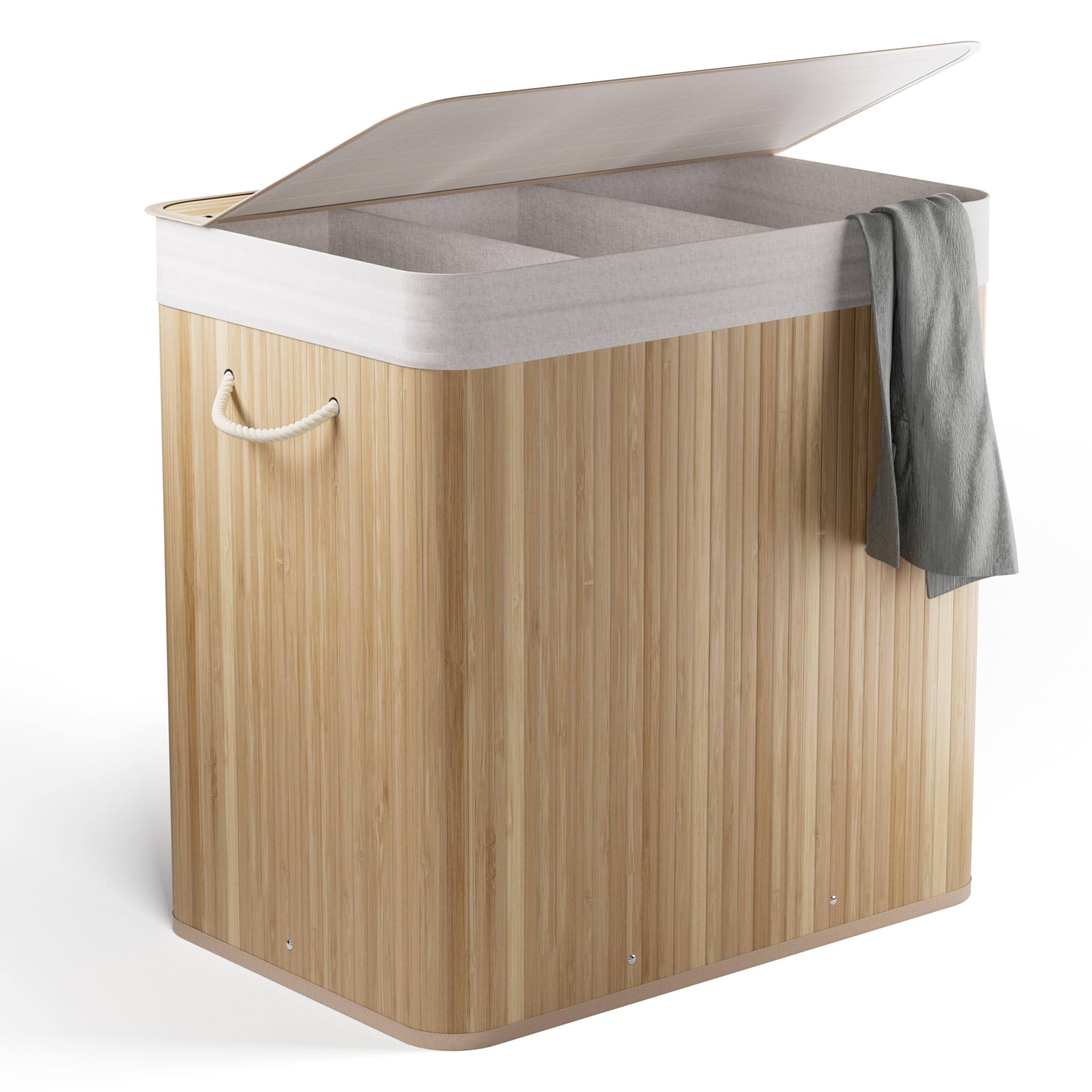NewHabitat Bambus Wäschekorb 3 Fächer – 170L Wäschesammler mit Deckel & herausnehmbarem Sack – Wäschetrennung, Tragegriffe, stabil & dekorativ für Bad & Schlafzimmer (Bambus) Angebot bei HelloDeals