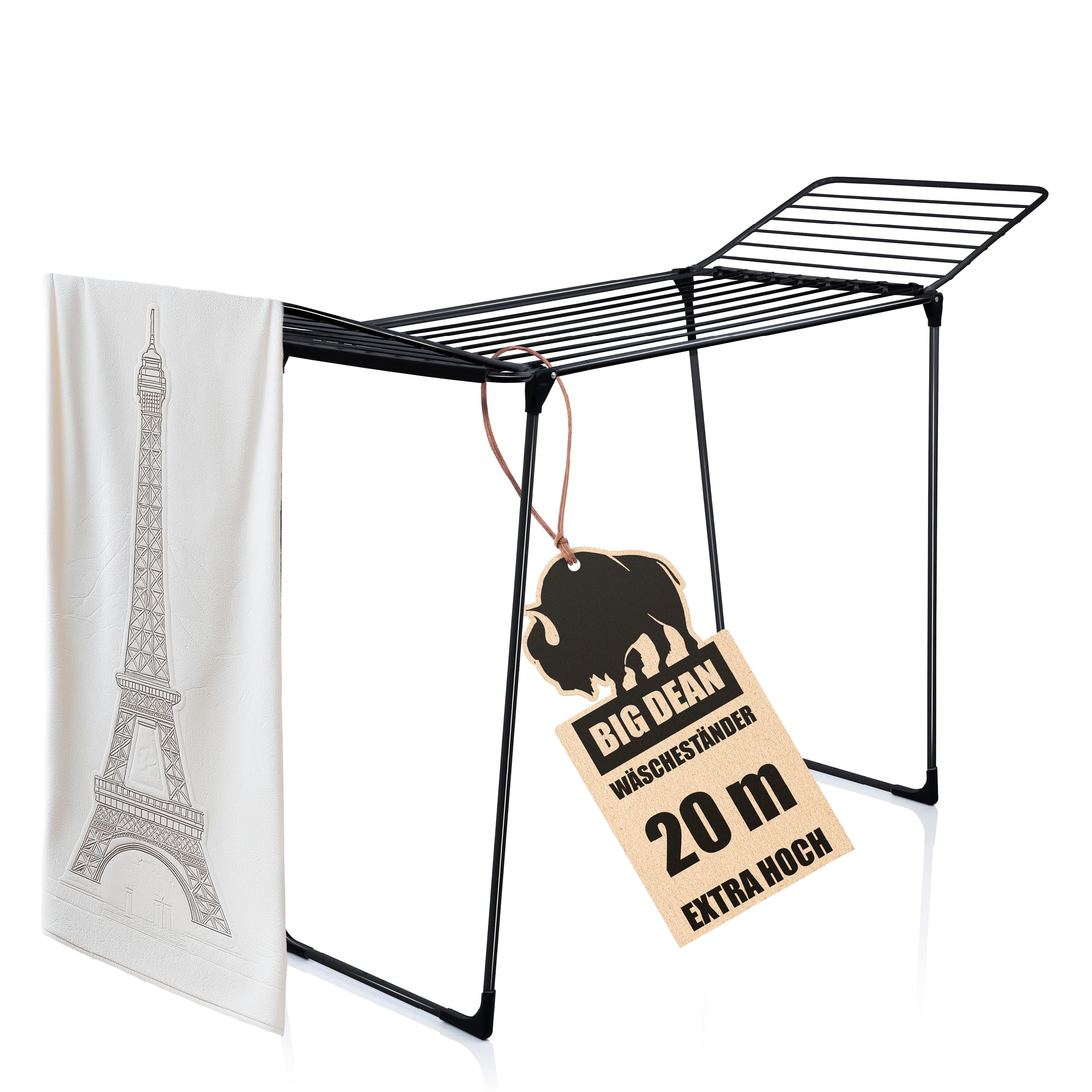 BigDean Wäscheständer 20m extra hoch & Dicke Leinen - Wäscheständer XXL - platzsparend - Klappbarer Flügelwäscheständer- Wäschetrockner Made in Europe Schwarz Angebot bei HelloDeals