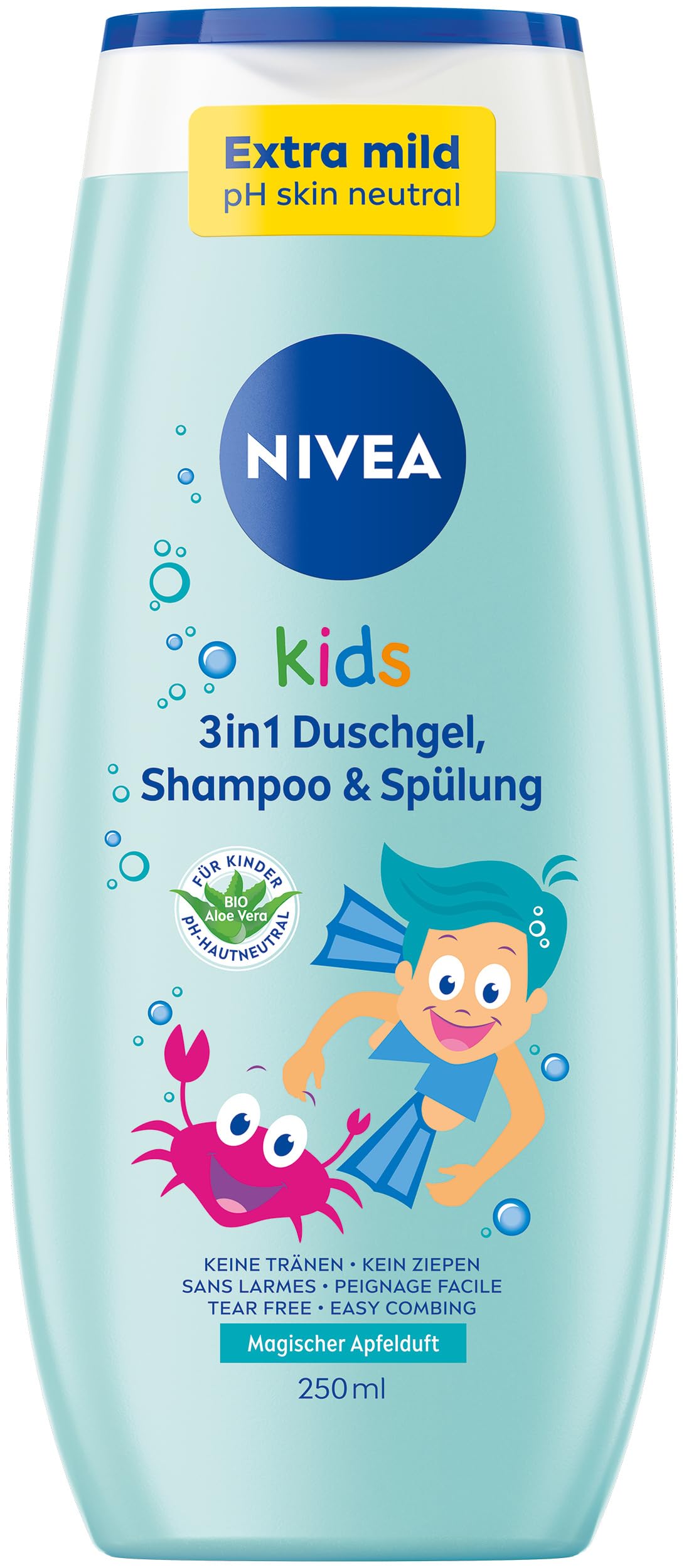 NIVEA KIDS 3in1 Duschgel, Shampoo & Spülung, Pflege und Reinigung für Kids mit magischem Apfelduft, extra milde, seifenfreie Haar- und Hautpflege für Kinder (250 ml) Apfelduft - 0% Mikroplastik Angebot bei HelloDeals