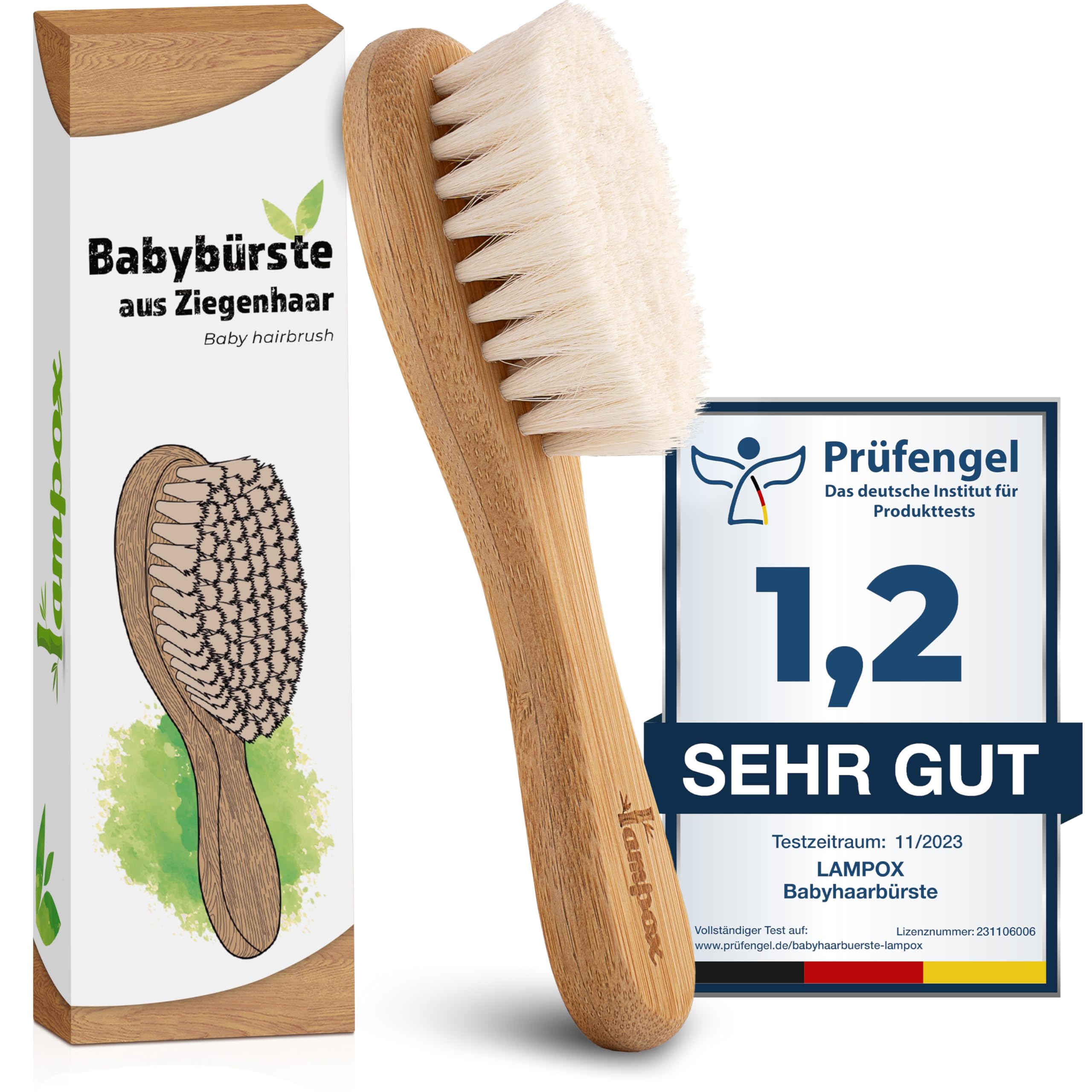 lampox - Babyhaarbürste extra weich, Baby Erstausstattung Neugeborene mit weichen Ziegenhaaren, Milchschorf, Baby Haarbürste, Pflegeset, Geschenk, Kopfhautpflege, Kleinkinder, Babyzubehör Angebot bei HelloDeals