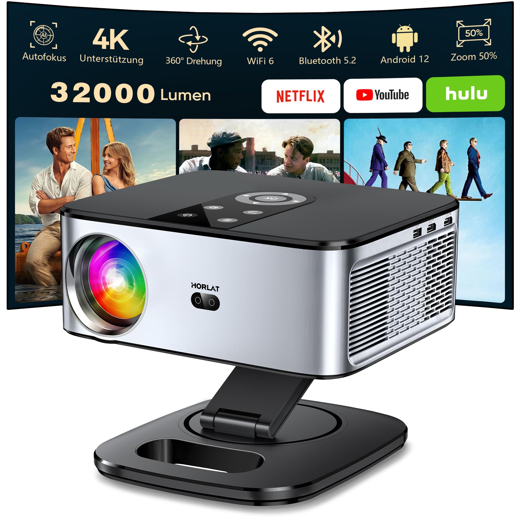 Beamer【Auto Fokus/Trapezkorrektur & 1200 ANSI】 HORLAT Beamer 4K Heimkino, Full HD 1080P WiFi 6 Bluetooth Projektor, 50% Zoom, Projektor Mit 360° Drehbarem Ständer für TV Stick/Smartphone Silbergrau s Angebot bei HelloDeals