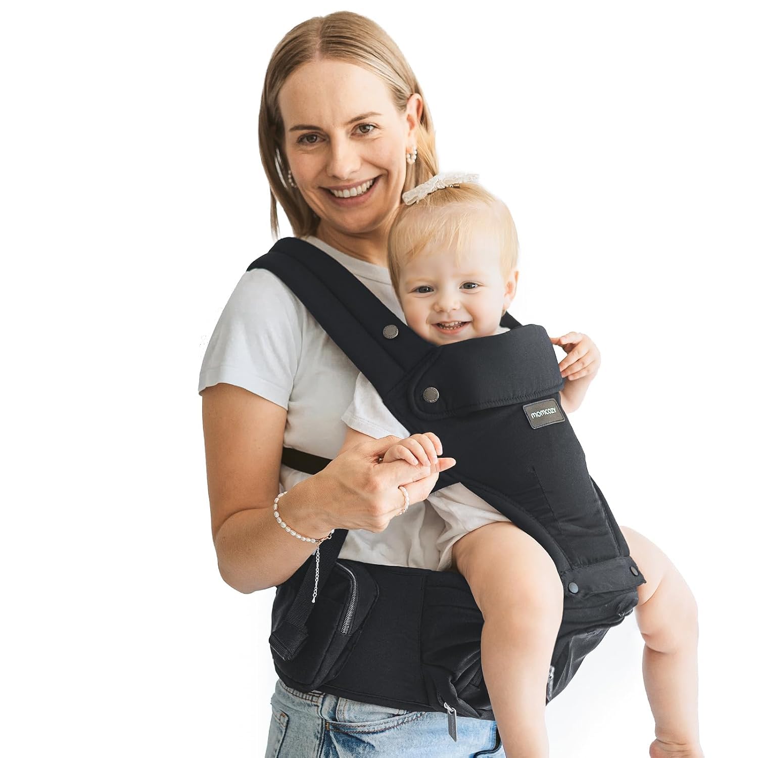 Momcozy Babytrage mit Hüftkissen, 2-in-1 Verstellbare & Abnehmbare Babytrage bis 20kg, Atmungsaktive Tragehilfe mit Lendenstütze für Eltern, Für Neugeborene & Kleinkinder, Schwarz Angebot bei HelloDeals