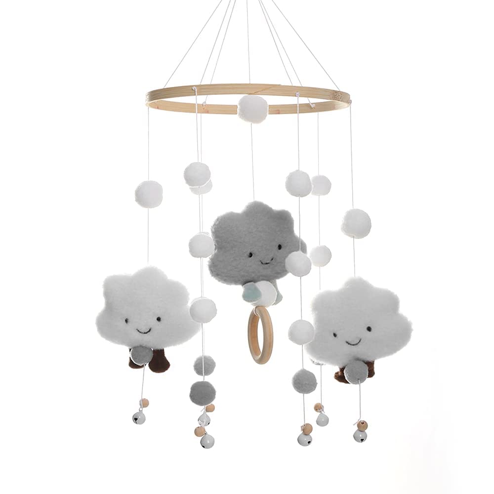 TVAIVTN Mobile Baby Windspiele, Puppe, Holz mit Filzbällen 3D Wolken, Bettglocke Anhänger für Babybett, Jungen und Mädchen (Grau) Angebot bei HelloDeals