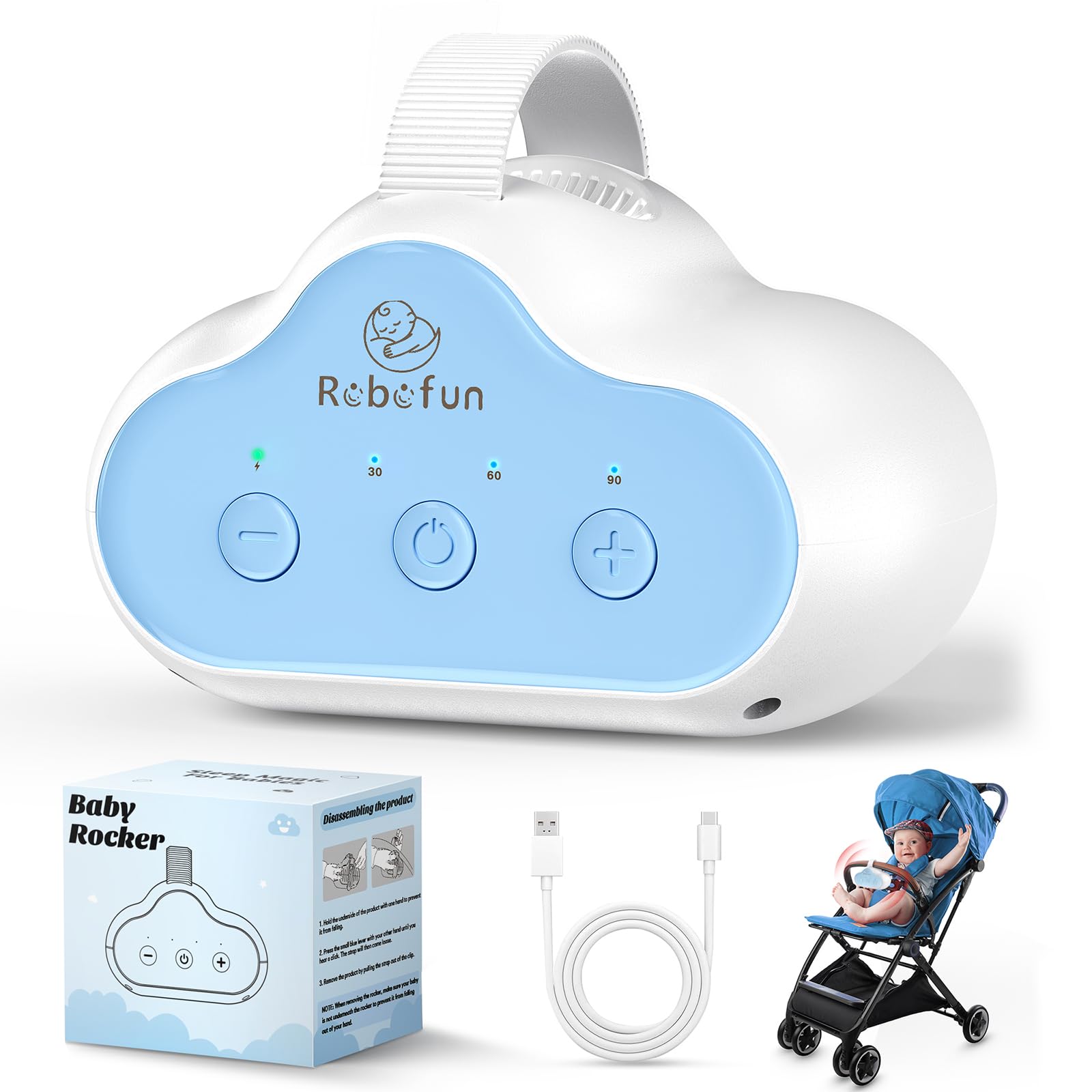 Robofun Kinderwagenschaukler, Einschlafhilfe Baby Wiederaufladbar (USB-C), Schlafhilfe Für Baby Mit 30, 60, 90 Min Timer, 3 Einstellbare Schaukelintensitäten, Universell Für Kinderwagen & Buggy Angebot bei HelloDeals