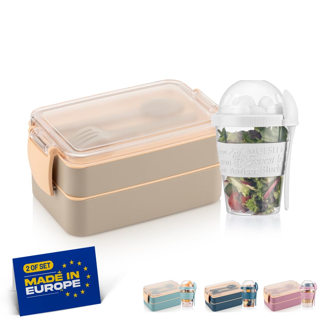 Winkly® Lunchbox, Brotdose kinder mit fächern (400+500) ml & 600ml Müslibecher - Bento Box To Go, 2-Fächer Bento & Besteck, Jausenbox für Mikrowelle & Spülmaschine, Brotdose schule, Picknick (Grau) Angebot bei HelloDeals