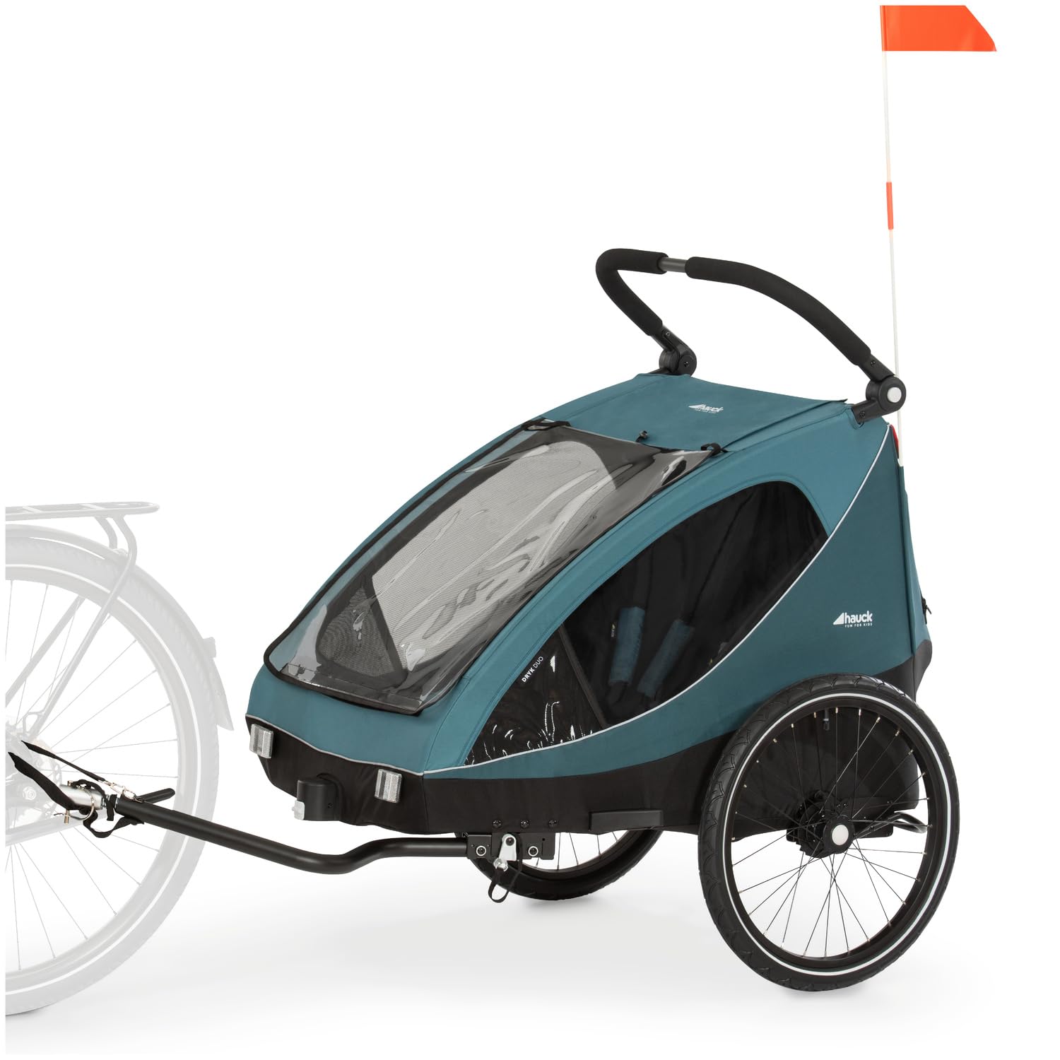 hauck 2in1 Fahrradanhänger & Buggy für 2 Kinder ab 6 Monaten bis 120 cm oder 22 kg Dryk Duo inkl. Deichsel, Kupplung, Buggyrad, Wimpel & Rücklicht, Zusammenklappbar, XL Kofferraum (Ocean Green) Ocean Green Dryk Duo Angebot bei HelloDeals