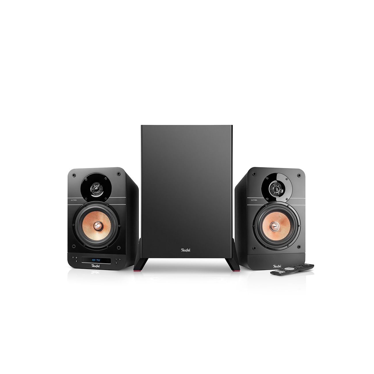 Teufel Ultima 25 AKTIV Club Edition 2.1 Soundsystem mit kabellosem Subwoofer - Aktive Regallautsprecher mit Bluetooth und integriertem AV-Receiver, Dolby Audio, DAB+, HDMI ARC CEC - schwarz Night Black Angebot bei HelloDeals
