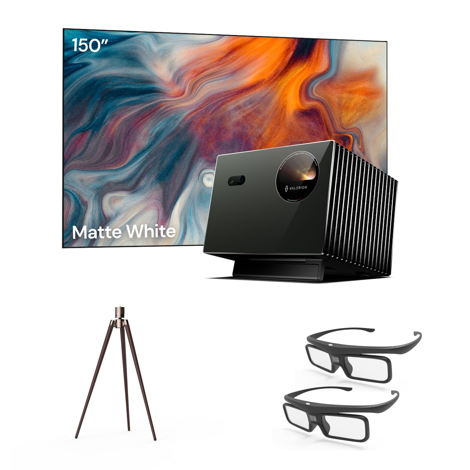 Valerion Heimkino-Paket – Enthält Valerion Pro2 4k-Projektor + 150 Zoll mattweiße Leinwand + Walnuss-Stativständer + 3D-Brille 150 Zoll Leinwand Walnuss-Stativ Angebot bei HelloDeals