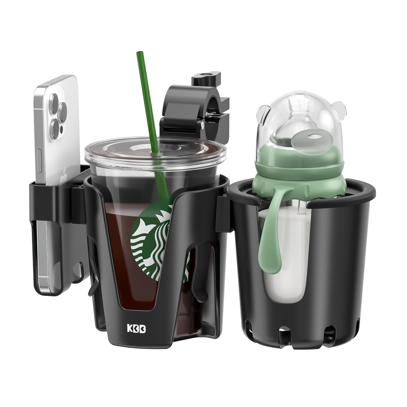 KDD Getränkehalter Kinderwagen mit Handyhalter, 3-in-1 Abnehmbar Bollerwagen Becherhalter, Universal 360 Grad Drehung Flaschenhalter für Kinderwagen Babywagen Babywippe Buggy Fahrrad Rollator, Silikon Schwarz Angebot bei HelloDeals