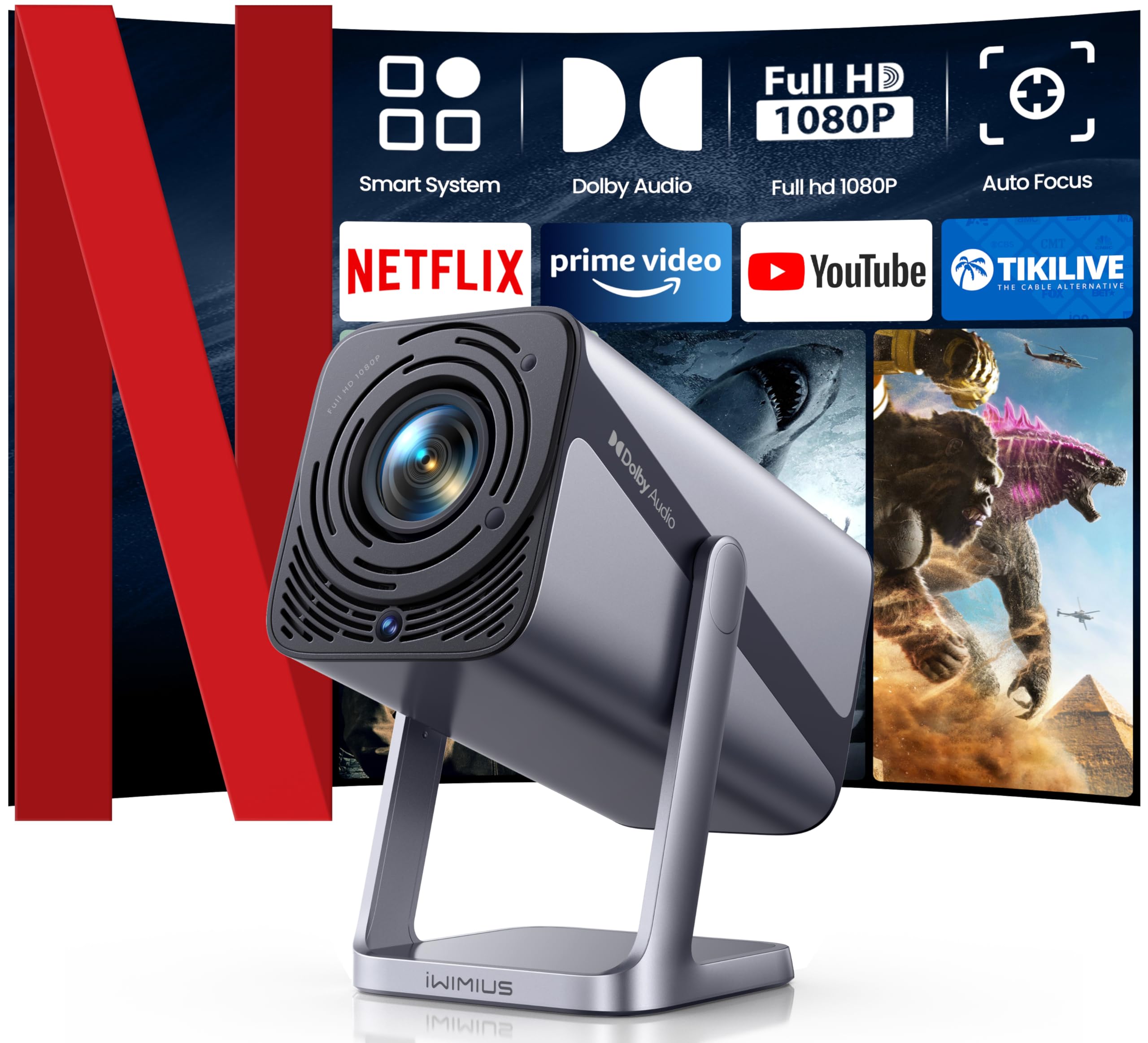 Mini Beamer 4K [Netflix Official|Dolby Audio] 600ANSI Smart Beamer Heimkino Full HD 1080P Auto Fokus Auto Vertikale Trapezkorrektur 360° Drehbar WiFi6 Bluetooth Kurzdistanz Projektor für Home Outdoor Silber Angebot bei HelloDeals