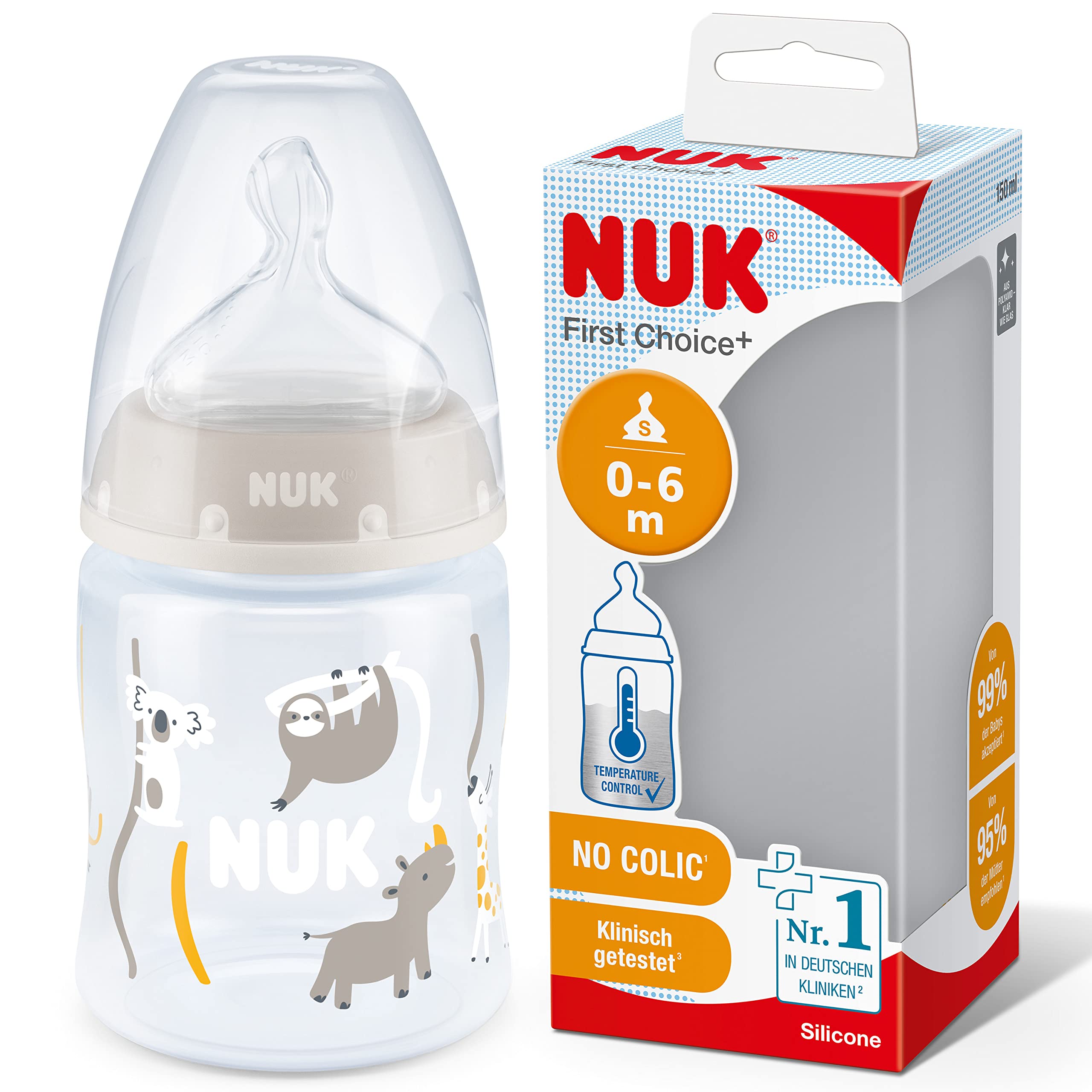 NUK First Choice+ Babyflasche | 0–6 Monate | Temperature Control Anzeige | 150 ml | Anti-Colic-Ventil | BPA-frei | Trinksauger aus Silikon | Safari (neutral) First Choice 150ml Angebot bei HelloDeals