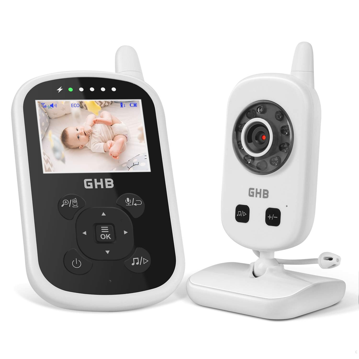 GHB Babyphone mit Kamera Video Baby Monitor 2,4 GHz Gegensprechfunktion ECO Modus Lange Akkulaufzeit Nachtsicht Temperatursensor Schlaflieder 2.4 Zoll Angebot bei HelloDeals