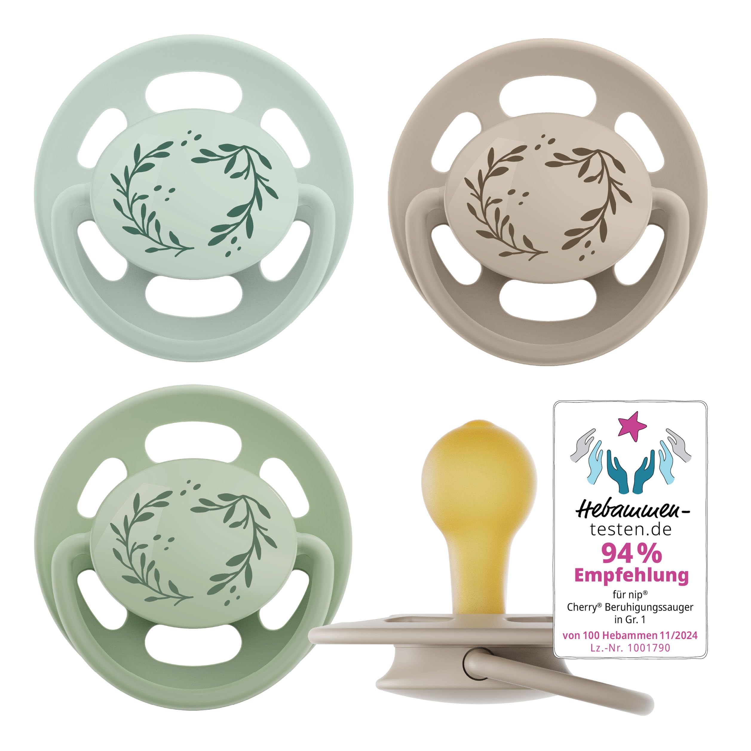 nip - Cherry Green | 0-6 Monate | 4er Pack | Stillfreundlicher, zahnfreundlicher Babyschnuller. Nachhaltiger Schnuller aus natürlichen Rohstoffen, Hellgrün/Braun hellgrün/braun Größe 1 (0-6 Monate) Angebot bei HelloDeals