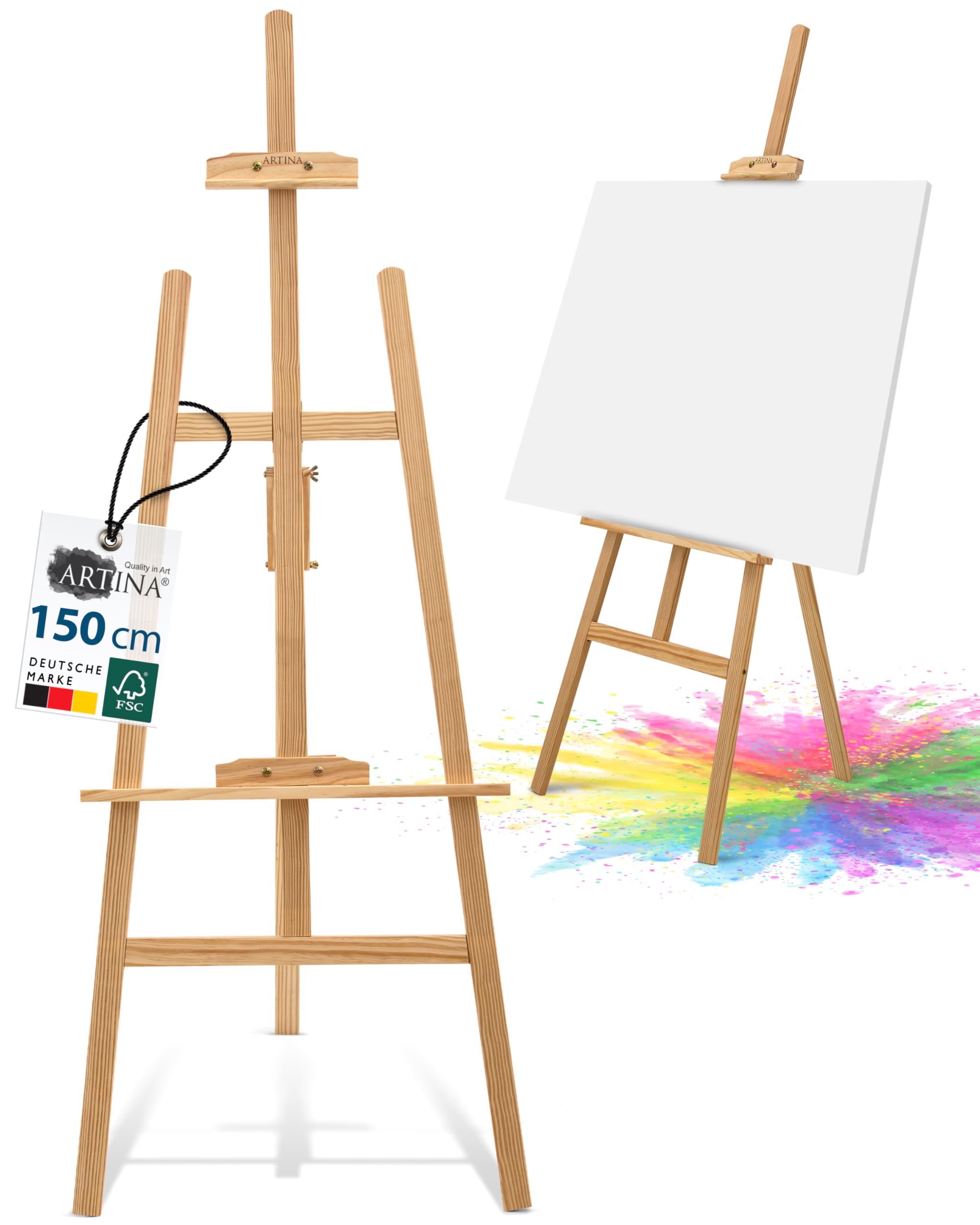 Artina Staffelei Holz Groß - FSC® Kiefernholz 150cm Holzstaffelei - Feldstaffelei höhenverstellbar große & kleine Keilrahmen – Staffelei für Kinder & Erwachsene, Hochzeit, Leinwände, Easel – Tessin 2.5 Kilogramm Angebot bei HelloDeals