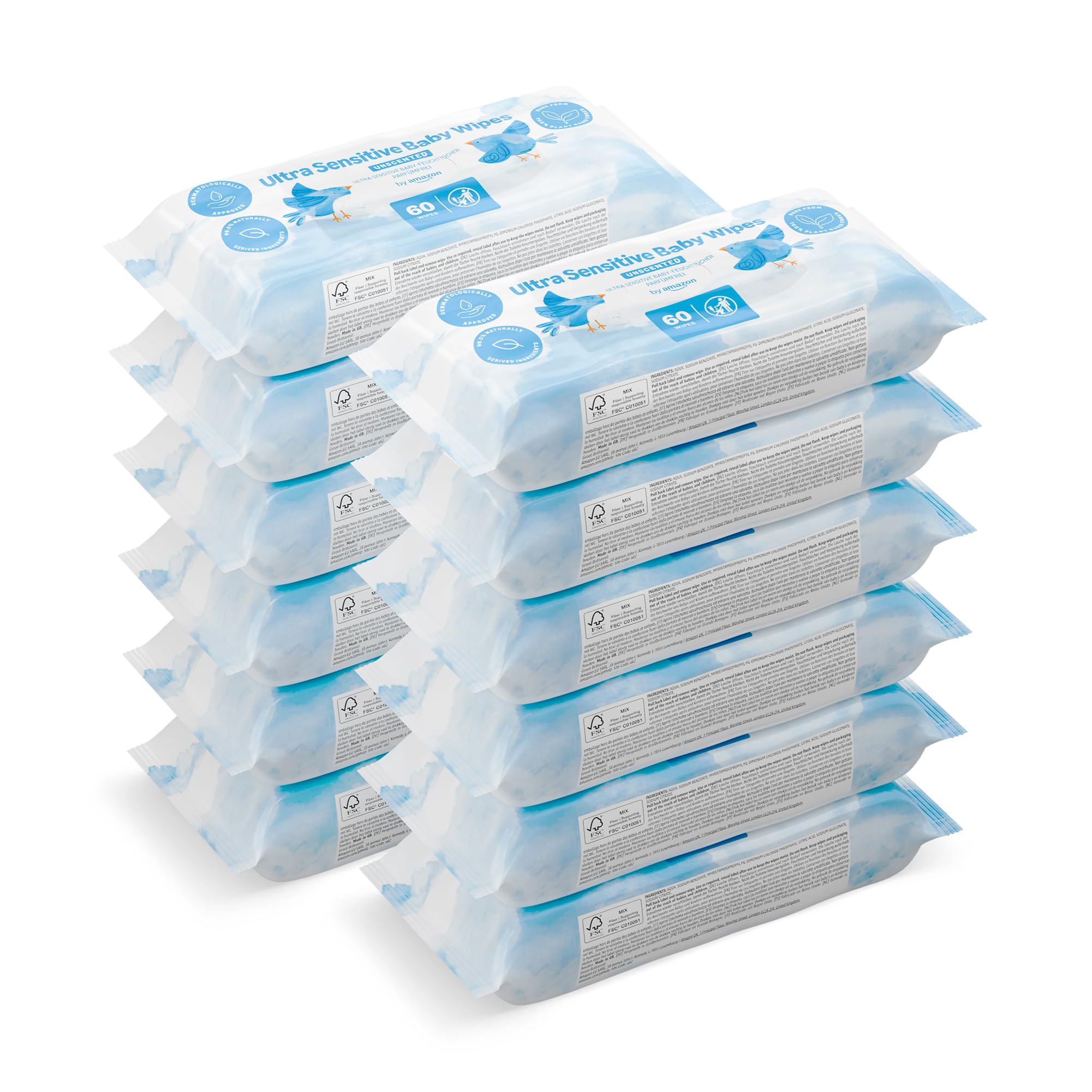 by Amazon Ultraweiche Baby-Feuchttücher, Hergestellt aus 100 % pflanzlichen Fasern, 720 Tücher, geruchsneutral, 12 Pack à 60 Stück, (früher eine Marke von Mama Bear, gleiches Produkt) Angebot bei HelloDeals