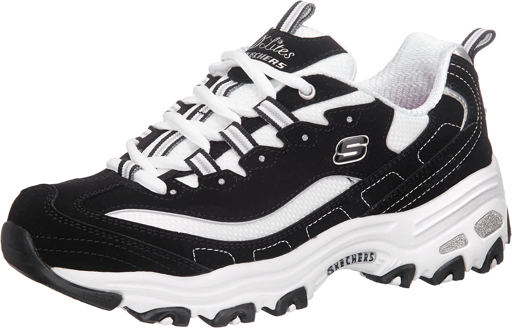 Skechers Damen D'lites Biggest Fan Sneaker 40 EU Black Trubuck White Mesh Silver Trim Angebot bei HelloDeals