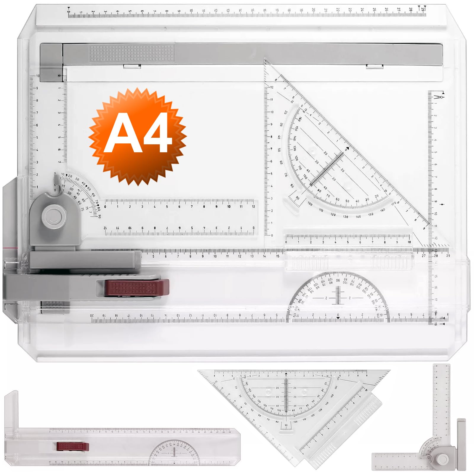 Kasadin Zeichenbrett DIN A4 Professioneller Zeichenplatte Geo-Board mit Schiebelineal Zeichendreieck Maßstab T-Quadrat Winkel Einstellbar für das Office Arbeiten Ingenieure Designer Studenten Studium Angebot bei HelloDeals