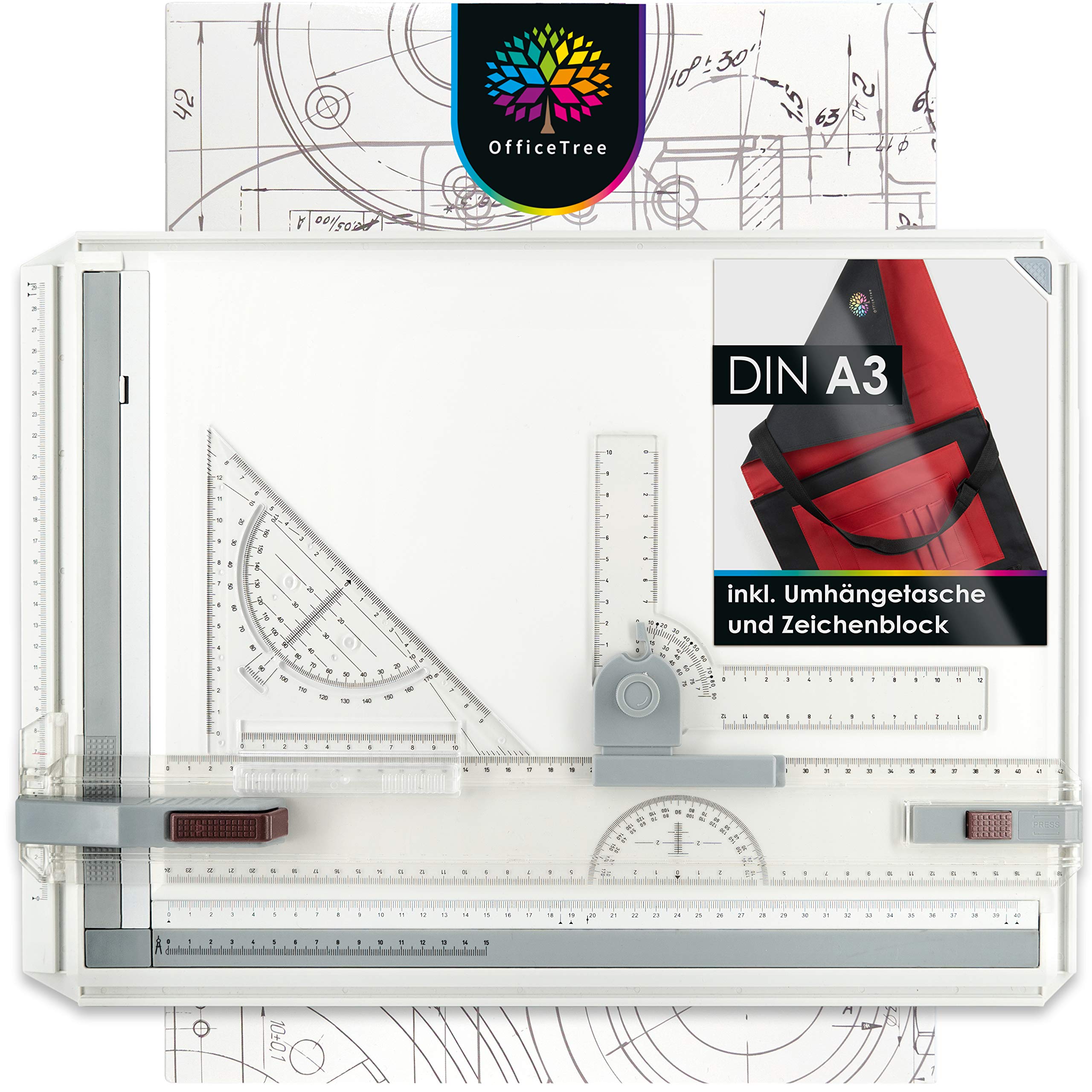 OfficeTree Zeichenplatte A3 - Inkl. Tragetasche, Schiebelineal, Geodreieck uvm. - Zeichenbrett A3 für exaktes Arbeiten - DIN A3 Zeichenplatte, Weiß Angebot bei HelloDeals
