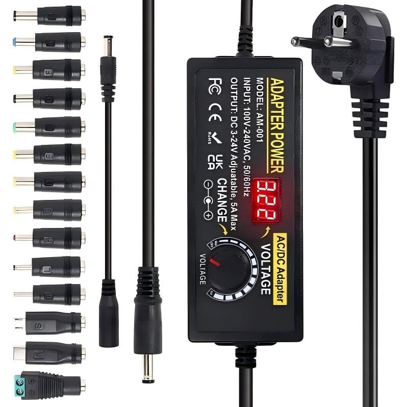 Einstellbares Netzadapter 3-24V 5A 120W, Universal Netzteil 5A 120W Verstellbarer Netzteil Adapter, 100V-240V AC zu DC 5A Netzteil mit LED Spannungsanzeige und 5,5x2,5mm 14 Tipps & Polaritätskabel Angebot bei HelloDeals