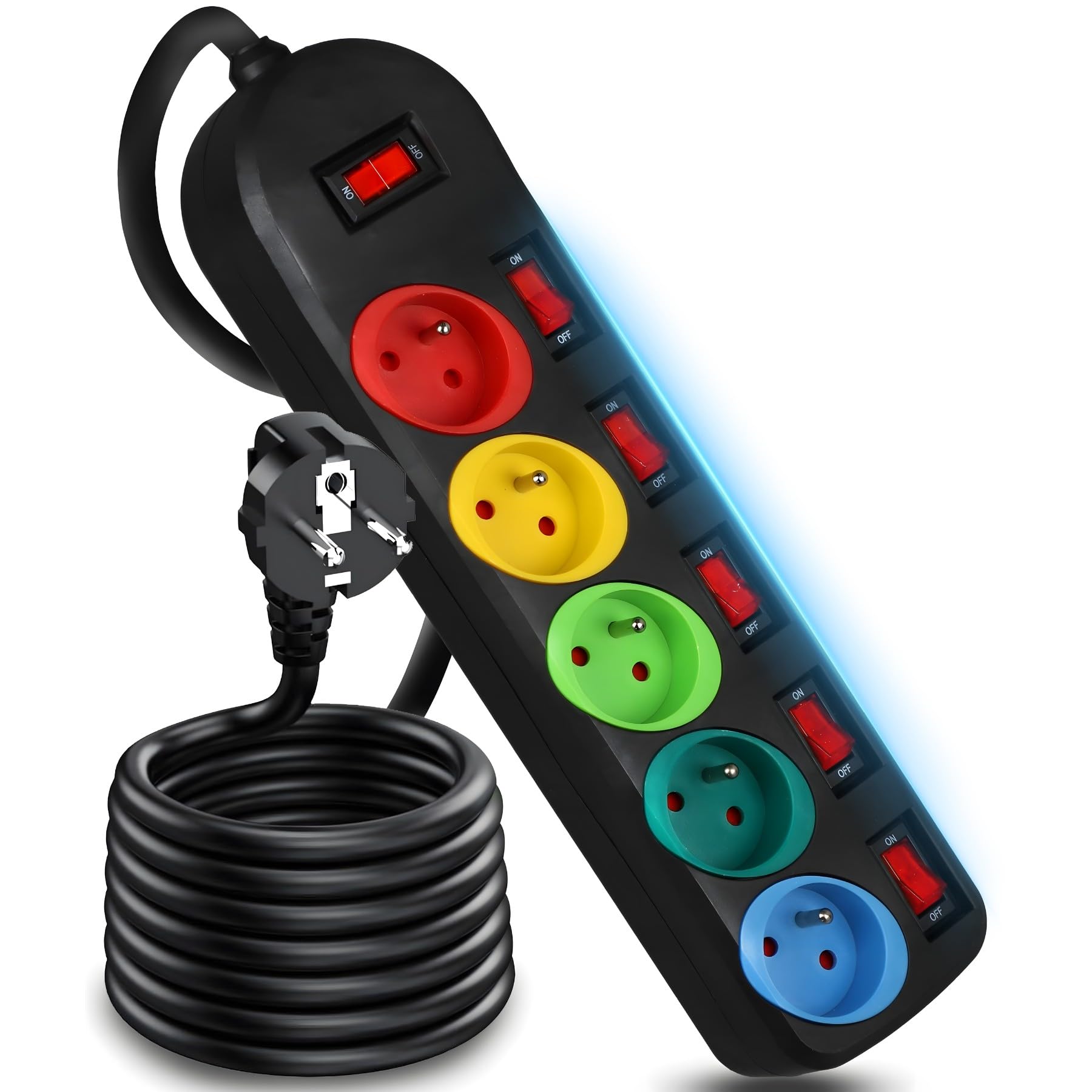 Retoo Steckdosenleiste 5-Fach mit Einzelschaltung 2m Verlängerungskabel, Tischsteckdose, Mehrfachsteckdose, Stromleiste mit Schalter, farbigen Fassungen, 2500W Angebot bei HelloDeals