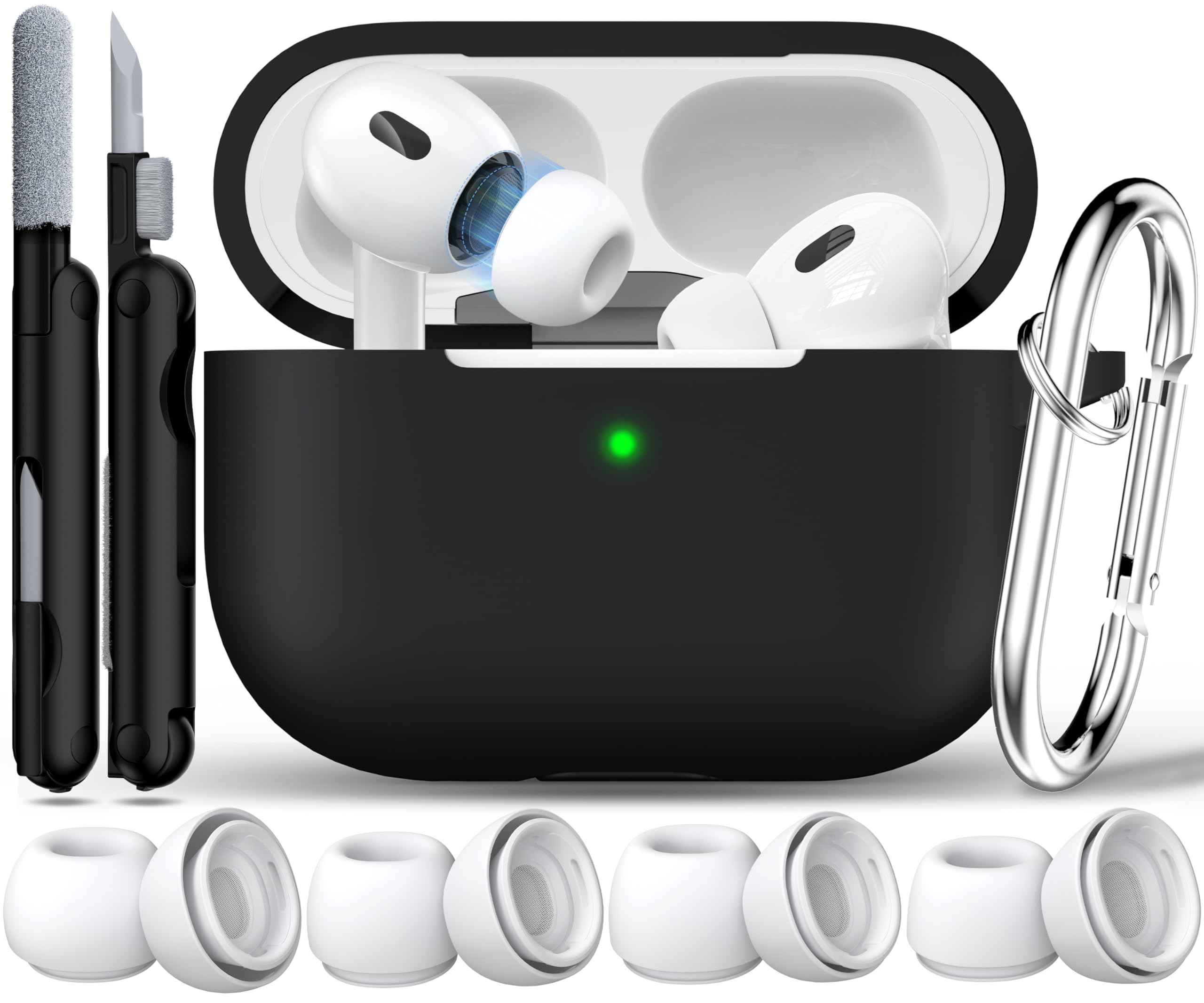 RFUNGUANGO Kompatibel mit AirPods Pro 2. Generation Hülle (2023/2022/2019), weicher Silikonschutz für AirPod Pro Hülle (USB-C/Lightning-Kabel) mit Reinigungsset und Ohrstöpseln, Schwarz A-Schwarz Angebot bei HelloDeals