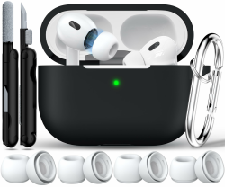 RFUNGUANGO Kompatibel mit AirPods Pro 2. Generation Hülle (2023/2022/2019), weicher Silikonschutz für AirPod Pro Hülle (USB-C/Lightning-Kabel) mit Reinigungsset und Ohrstöpseln, Schwarz A-Schwarz Angebot bei HelloDeals