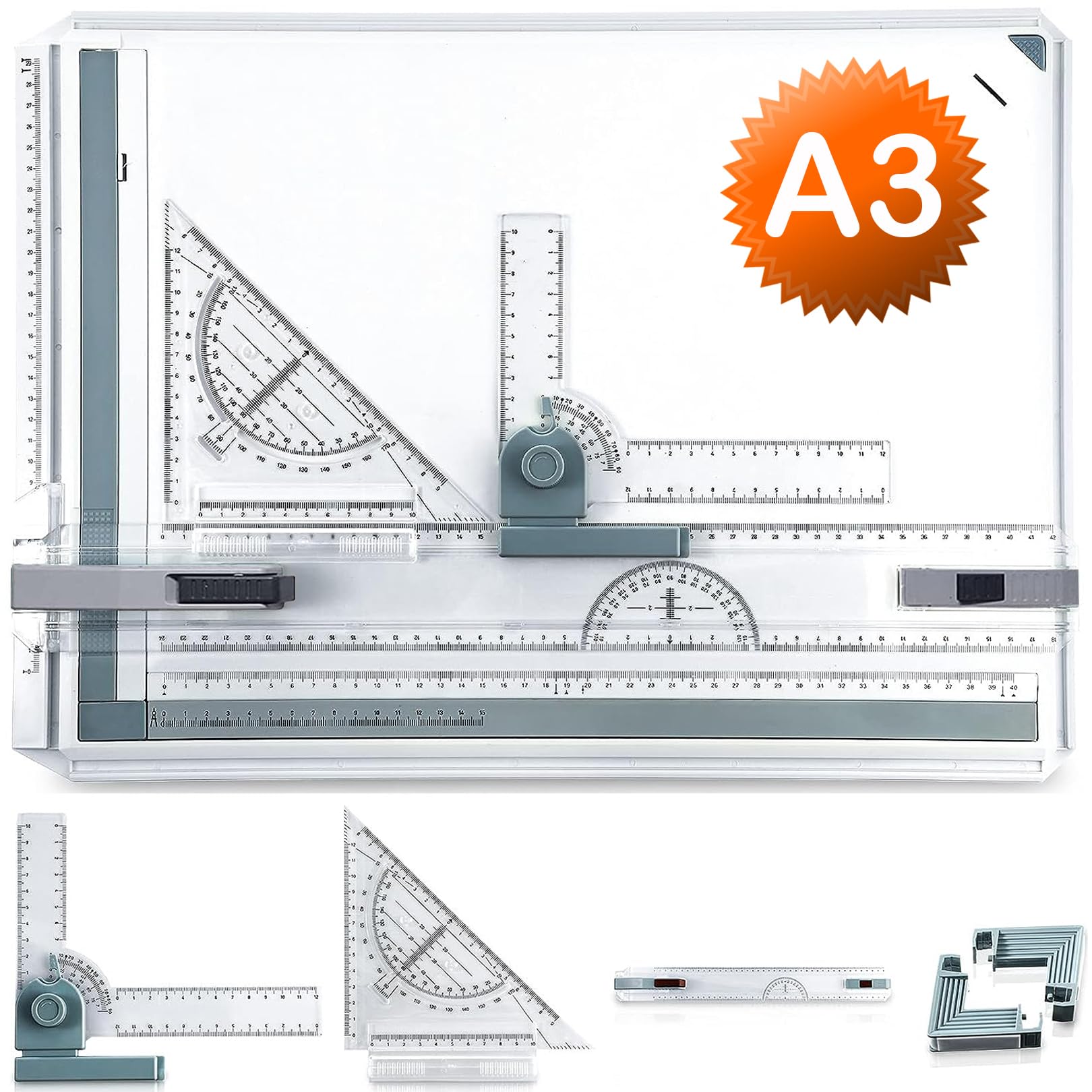 A3 Zeichenbrett, Geo-Board gz Platte, Multifunktionaler Zeichenplatte Din A3 Zeichenschiene mit Winkelmesser Papiersuchgerät Lineal Stützfuß für das Professionell Office Arbeiten Studenten (A3) Angebot bei HelloDeals