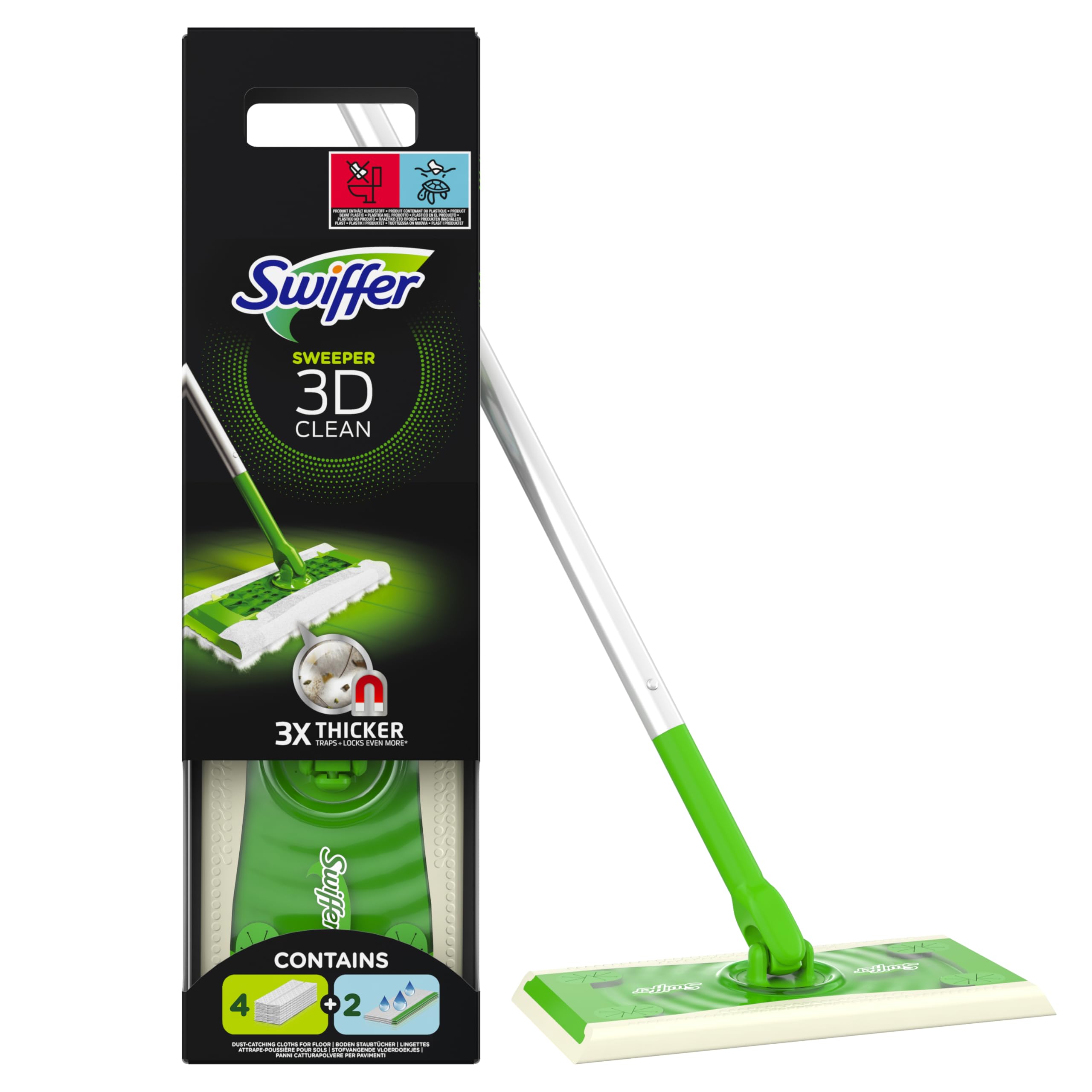 Swiffer Bodenwischer 3D Clean Starterkit, 1 Stab + 4 Trockene Bodentücher + 2 Feuchte Bodentücher, Set für Hartholz & Hartböden, entfernt Staub & Schmutz Angebot bei HelloDeals