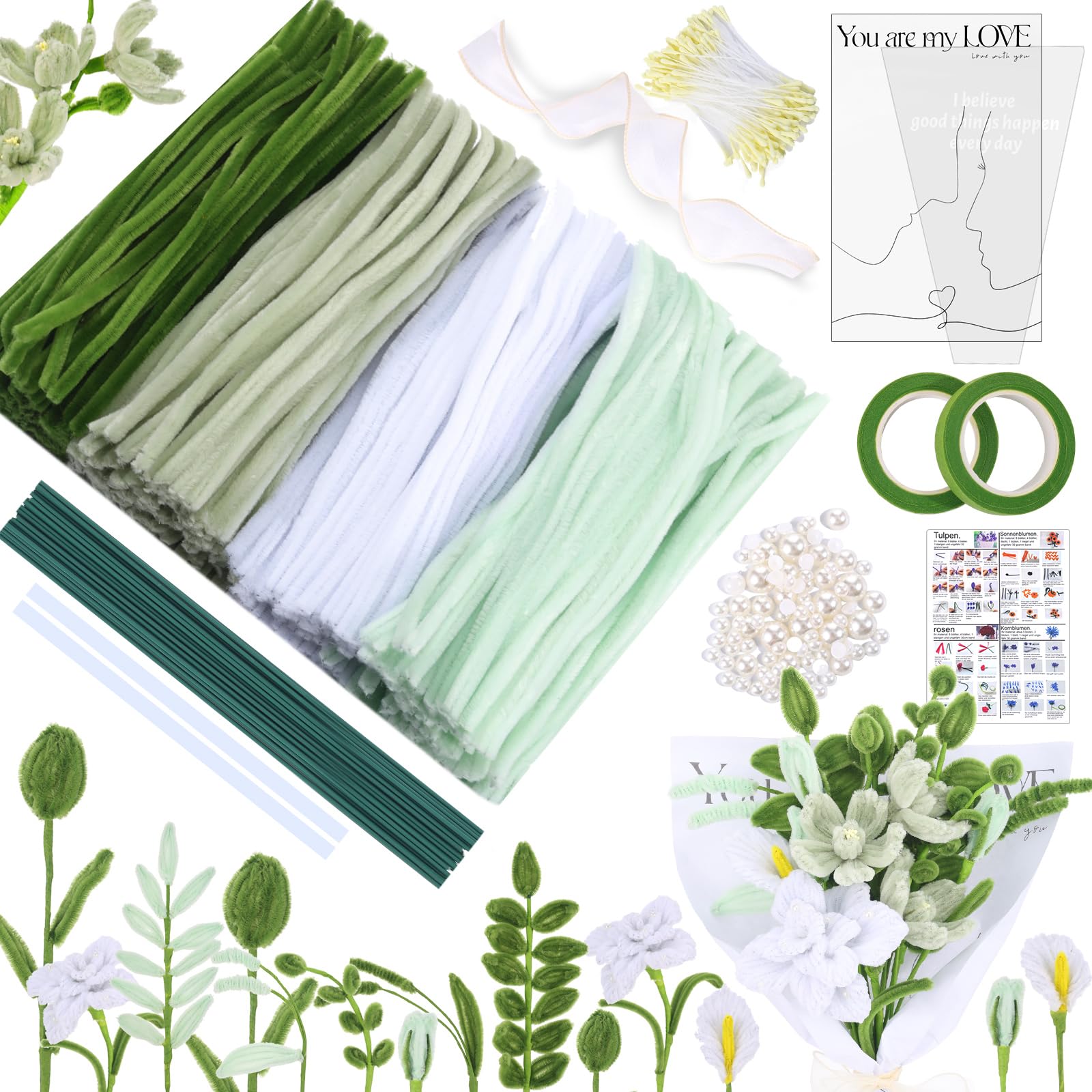 MKLG 435 Stück Pfeifenreiniger Blumen Set, Pfeifenputzer Blumen Zum Basteln, Mit Grüne Blumenstöcke, Klebebandrollen, Klebestifte, Anleitungen, Blumenstraußverpackungen, Bänder (Grün) Grün-1 Angebot bei HelloDeals