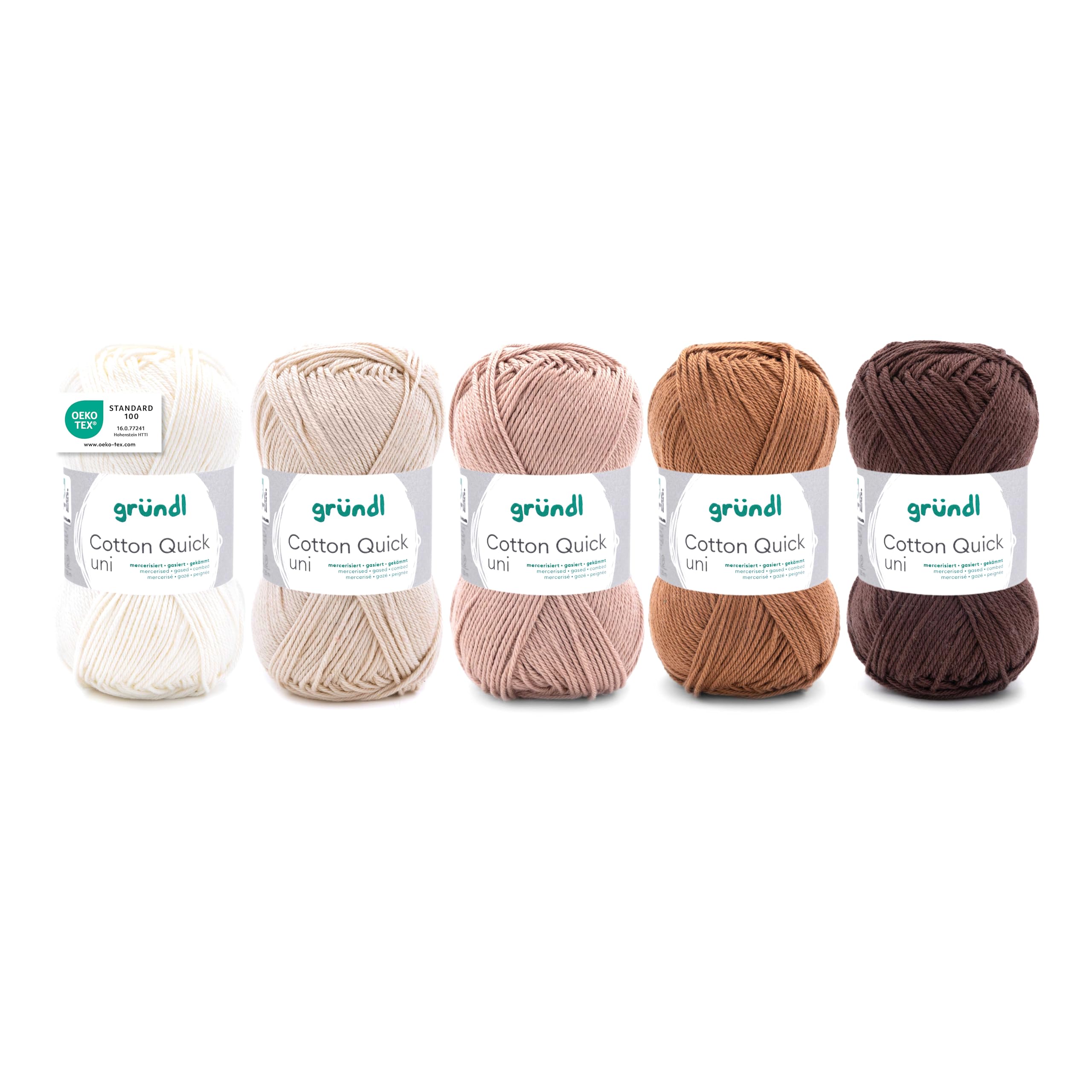 Gründl Wolle Cotton Quick uni - dünne Wolle zum Häkeln - Strickgarn - Häkelgarn - Glänzend und hautfreundlich - 100% Baumwolle - 5 Knäuel 50 g / 125 m - Nadelstärke 3-4 - Weiß-Beige-Braun-Mix Angebot bei HelloDeals