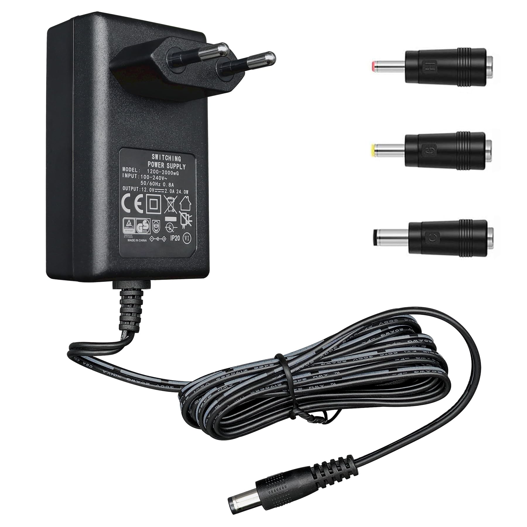 12V 2A/2000mA Netzteiladapter, AC 100-240V 50/60Hz auf DC 12V 2A 24W, 5,5 x 2,1mm Wandladegerät, Mitte positiv, 1,8m langes 20-AWG-Kabel für stabilen und flexiblen Einsatz, 3 Aufsätze enthalten 12V-2A mit 3 Spitzen Angebot bei HelloDeals