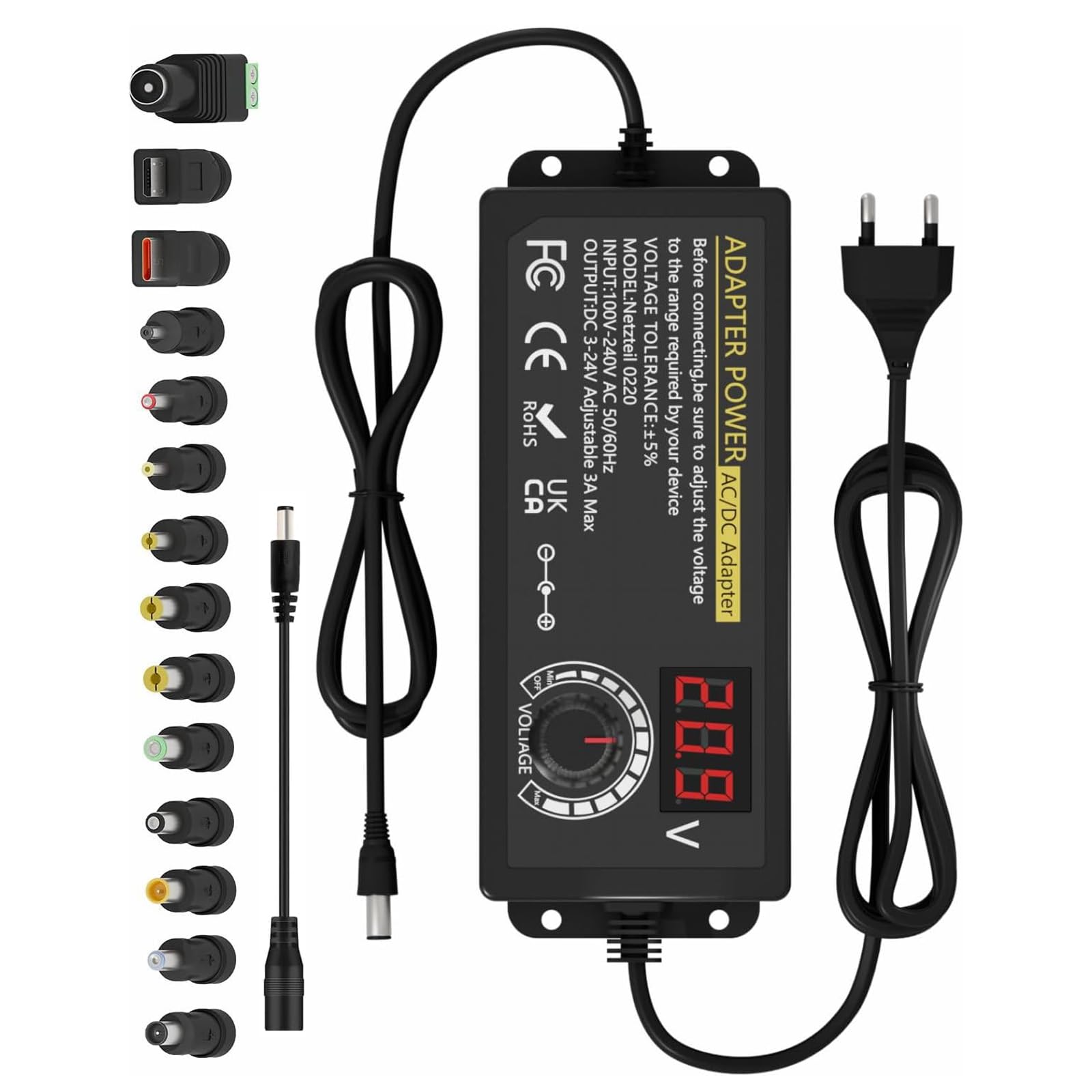 Einstellbares Netzteil 3V-24V Universal Netzteil Adapter 3A 72W Einstellbarer Netzadapter AC/DC 100V-240V mit LED Spannungsanzeige und 5,5x2,5mm 14 Spitzen für Haushaltsgeräte LED Beleuchtung Angebot bei HelloDeals