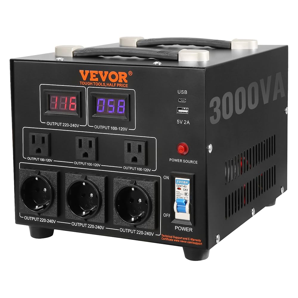 VEVOR 3000W Spannungswandler Transformator AC 110V⇋220V Transformer Wandler 3 US NEMA 5-15R 3-polige Ausgangssteckdosen, 3 europäische Shucko-Ausgangssteckdosen, 1 USB-Buchse und 1 Typ-C-Buchse 3000 W Angebot bei HelloDeals