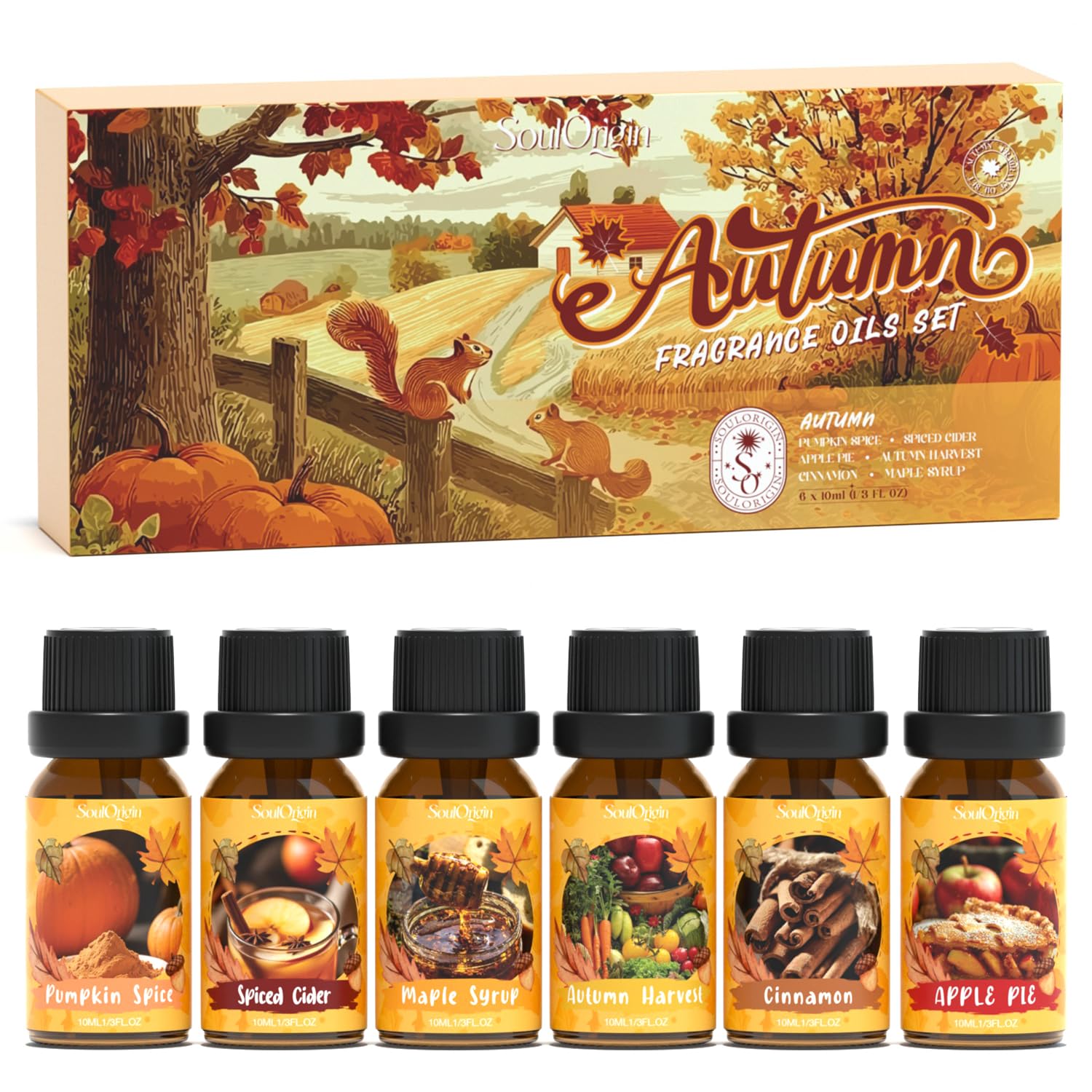SoulOrigin Herbst ätherische Öle Set, sechs Aromen Duft Öl Set für Öldiffusoren, Seife Kerze machen Dufte 6x10ml - Kürbis Gewürz, Muskatnuss, Apfelkuchen, Herbst Ernte, Ahornsirup und Zimt Angebot bei HelloDeals