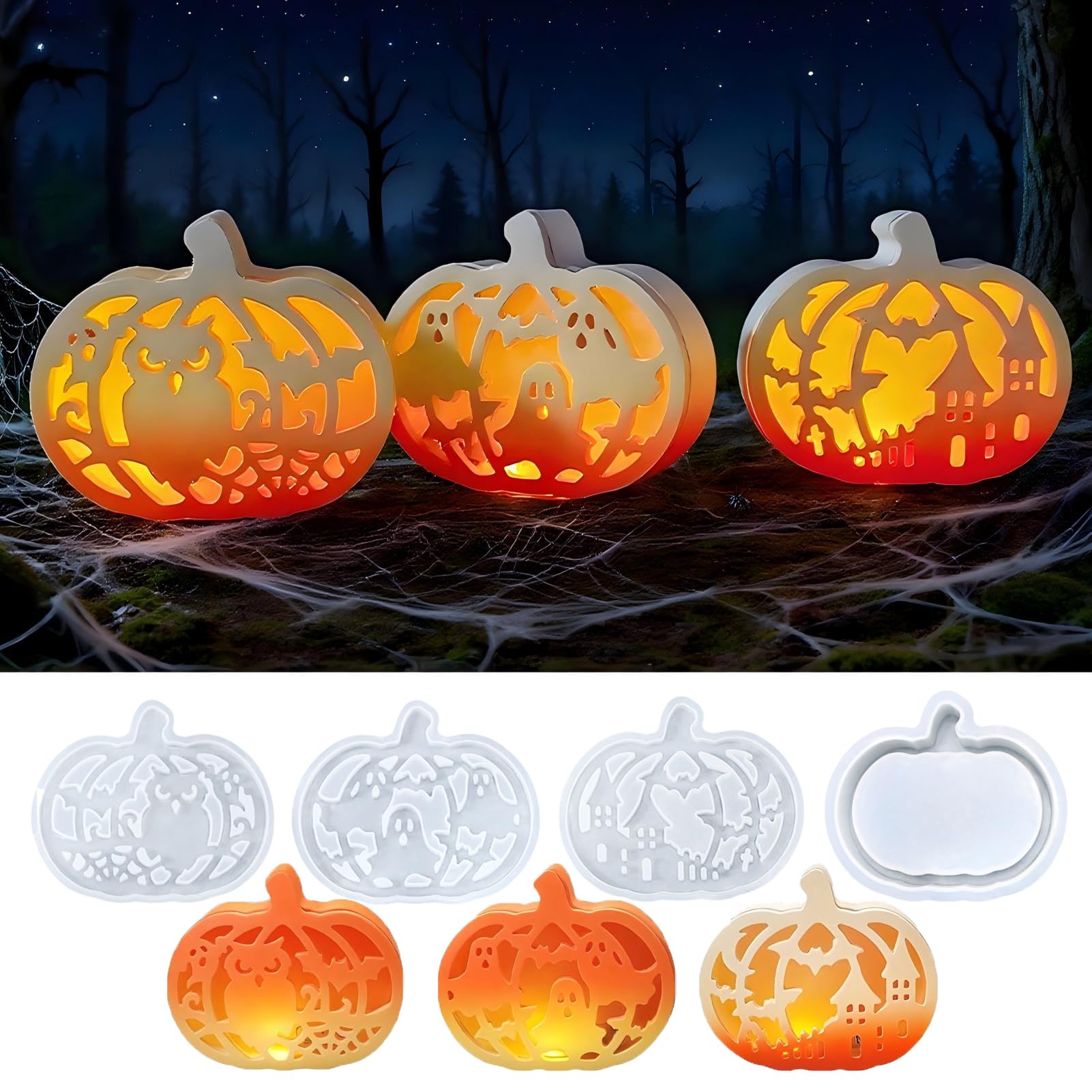 Silikonformen Gießformen Halloween Kürbis, 4PCS Silikonform Kürbis mit Helloween Elemente Muster, Gießformen Silikon Halloween, Silikonform Herbst, Gipsformen zum Gießen für DIY Kürbis Deko (A) Angebot bei HelloDeals