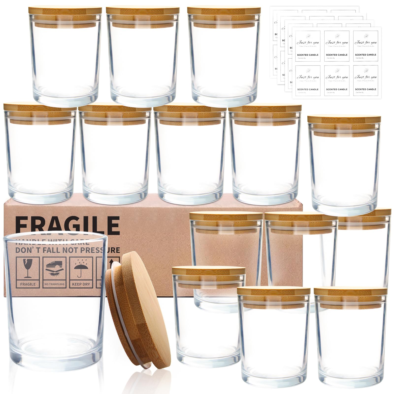 CONNOO 15 Stück 200 ml klarem Glas-Kerzengläser für die Herstellung von Kerzen mit luftdichten Bambusdeckeln, schöne klebrige Warnetiketten für die Kerzenherstellung Angebot bei HelloDeals