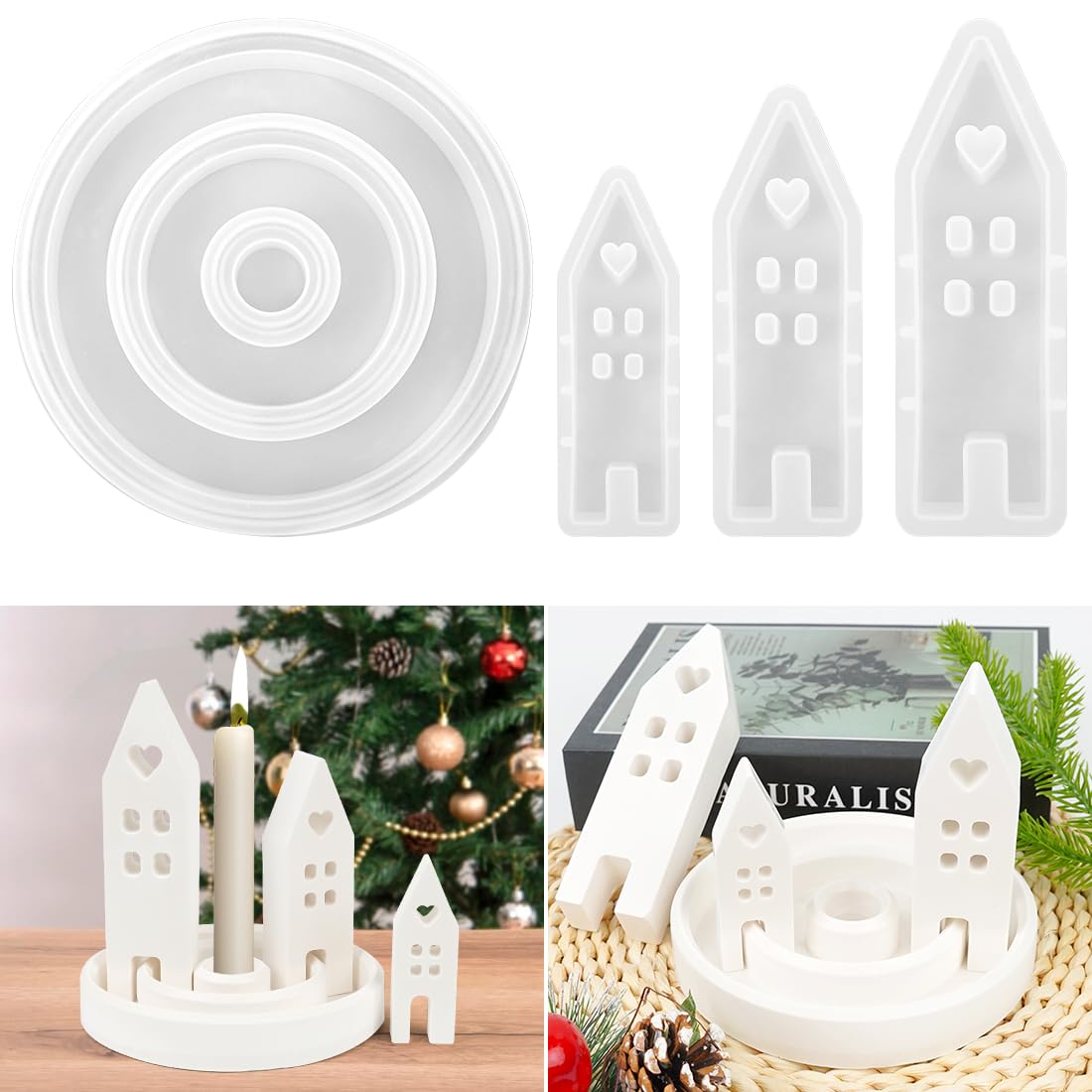 Silikonformen Gießformen Kerzenhalter, 4 Stück Silikonform Kerzenhalter Set, Gießform Haus und Gießform Kerzenhalter Rund, Gießformen Silikon Häuser, Formen für Gips Gießen für Kerzenhalter Handwerk Haus Rund Kerzenhalter Angebot bei HelloDeals