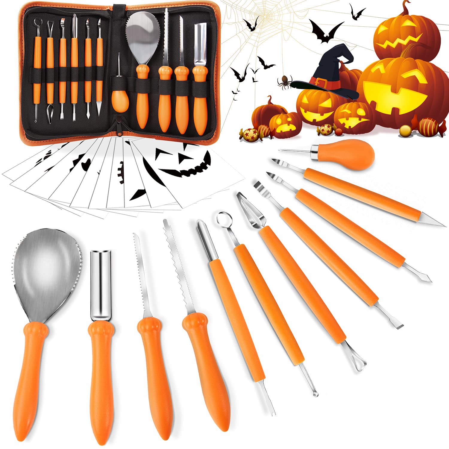 Alintor Kürbis Schnitzset, 11 Stück Schnitzwerkzeug Kürbis, Kastanienbohrer Kinder, Kürbis Schnitzset Kinder, Halloween Schnitzen Set (10 Vorlagen) Angebot bei HelloDeals