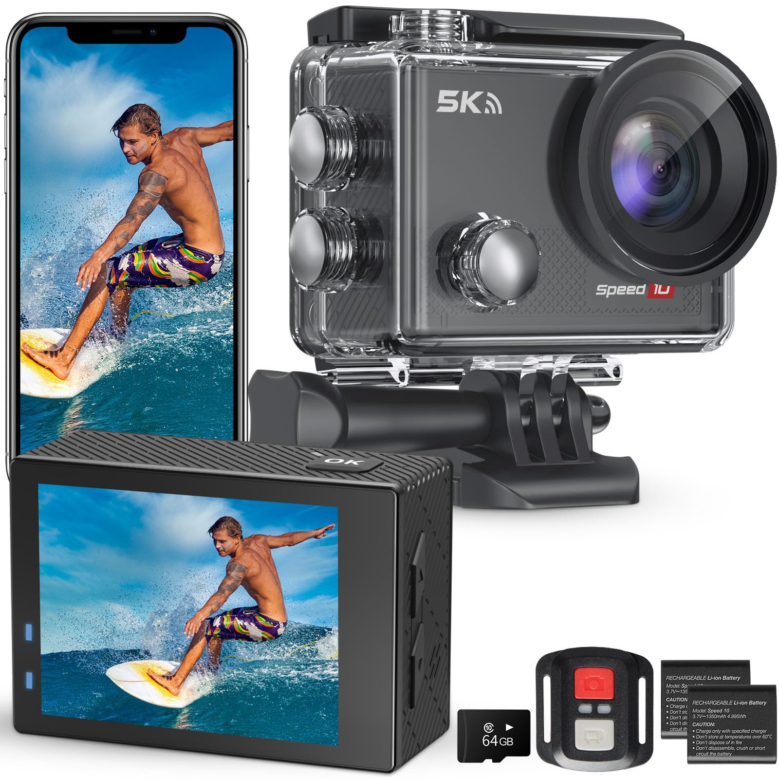 Hiicam Speed 10 Action Cam, 5K30FPS 30MP Actioncam 40M Unterwasserkamera Wasserdicht WiFi 170°Ultra Weitwinkel EIS Actionkameras Zoom 5X mit Fernbedienung und 2x1350mAh Akkus 64GB Speicherkarte(sp10) SP10V1 Angebot bei HelloDeals