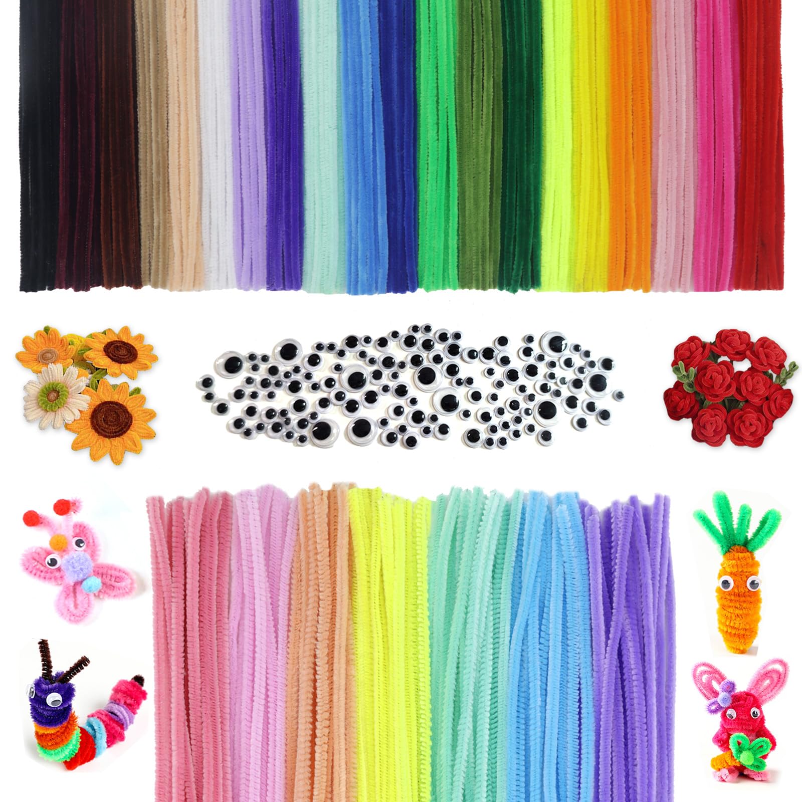 LLMtn 400 Stück 27Farben 300 Chenilledraht,100 wackelaugen selbstklebend,Pfeifenputzer Bunt zum Basteln,Macaron Farbe Pfeifenreiniger Bunt zum Basteln,Pipe Cleaner kulleraugen selbstklebend Mehrfarbig+Auge Angebot bei HelloDeals