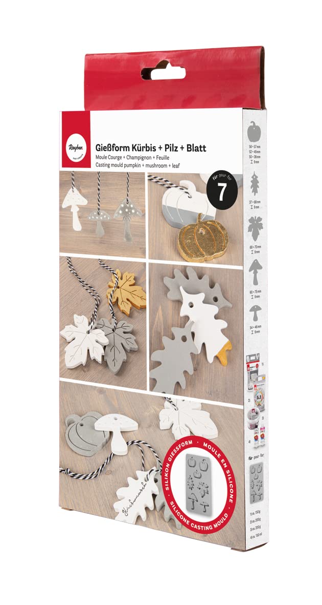 Rayher Silikon-Gießform Kürbis, Pilz, Blatt, 14,5 x 26 x 1 cm, 7 Formen für Anhänger, zum Ausgießen mit Kreativ Beton, Art Resin Gießharz, Raysin-Gießpulver, 36123000, Grau Angebot bei HelloDeals